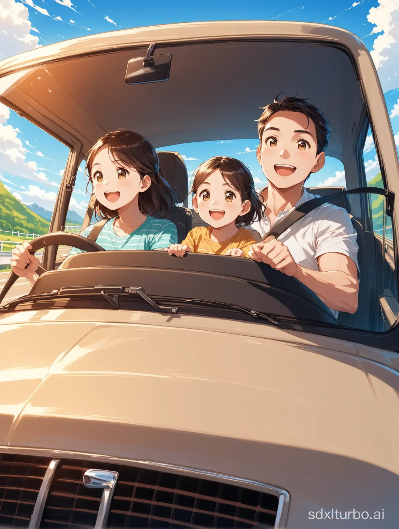 A family drives to go on a trip