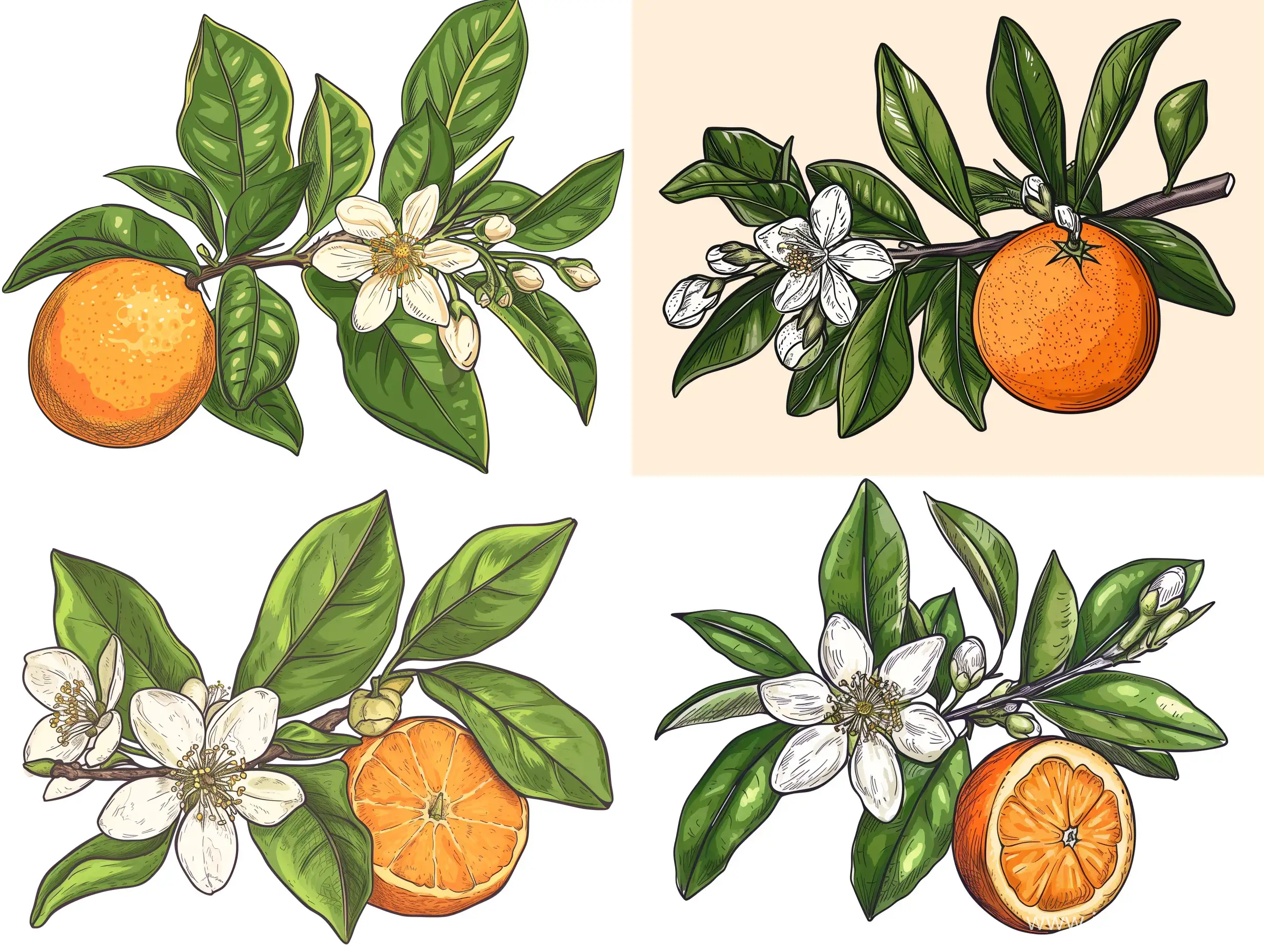 цветок апельсина на ветке с апельсином скетч в векторном стиле 