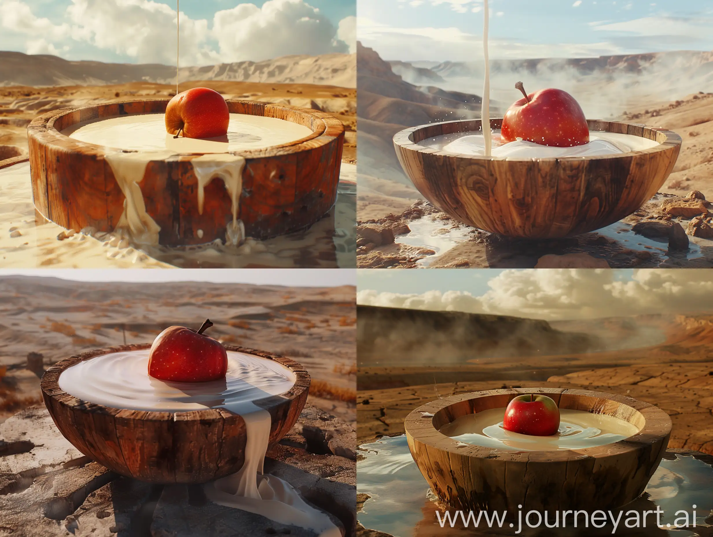 An apple the size of a watermelon fell into a large wooden bowl of milk and milk poured out, this bowl is in an old forge in the Persian Empire. in a desert, in an ancient civilization, cinematic, epic realism,8K, highly detailed, medium shot, upper body, glamour lighting