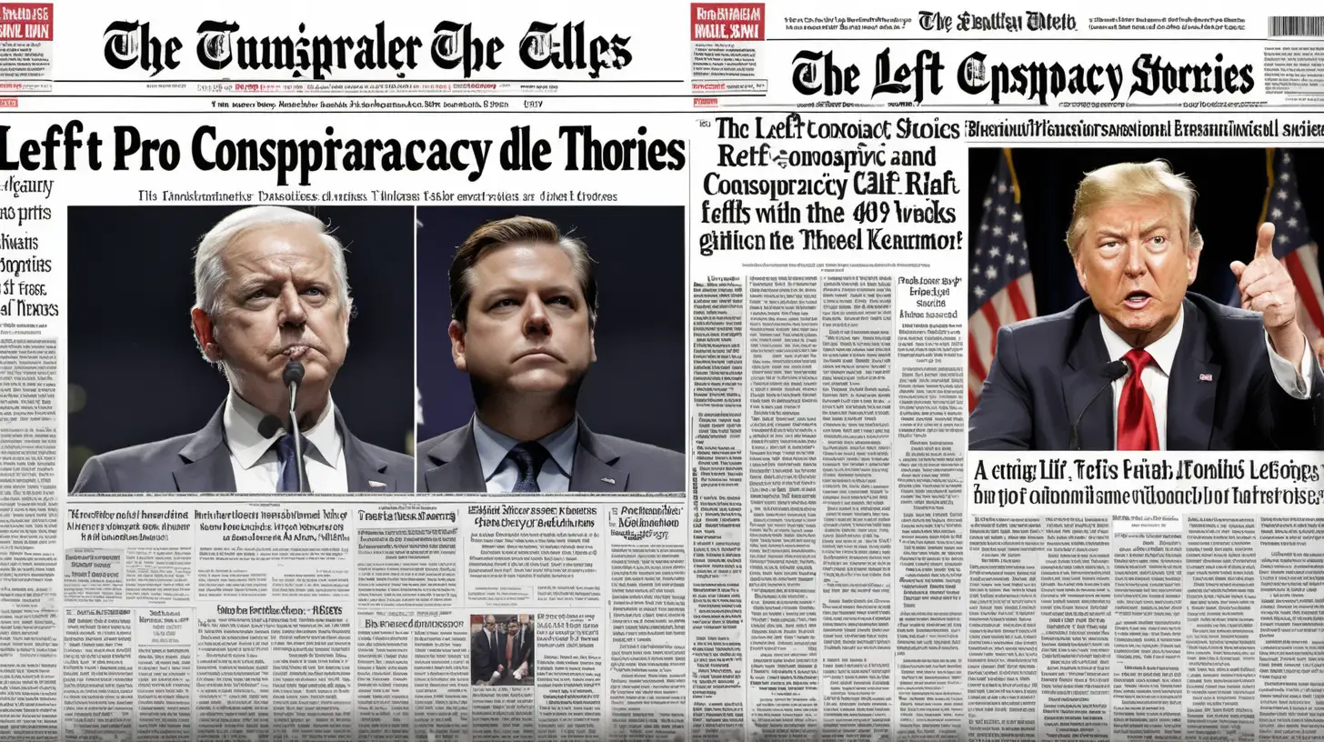 NEWSPAPER FRONT PAGE THE LEFT HALF PRO-CONSPIRACY STORIES AND THE RIGHT HALF AGAINST CONSPIRACY THEORIES