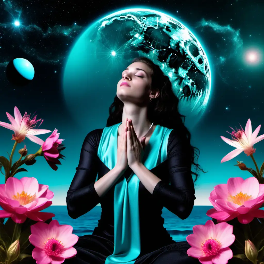 new moon in aquarius woman praying and releasing, planet uranus in background, turqoise and black colours with pretty pink flowers