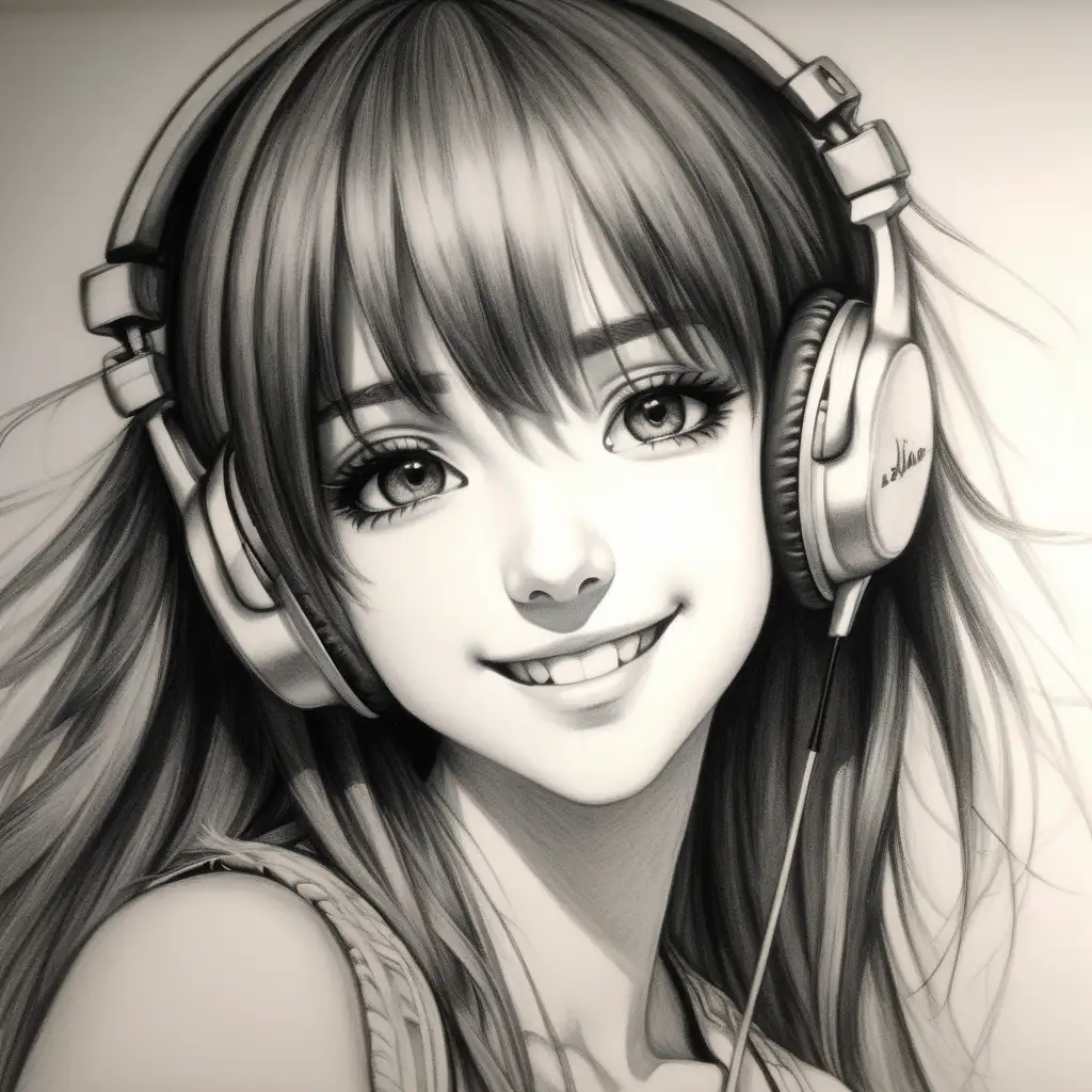 Captivating Anime Woman Portrait Charcoal Sketch with Headphones and Tank Top