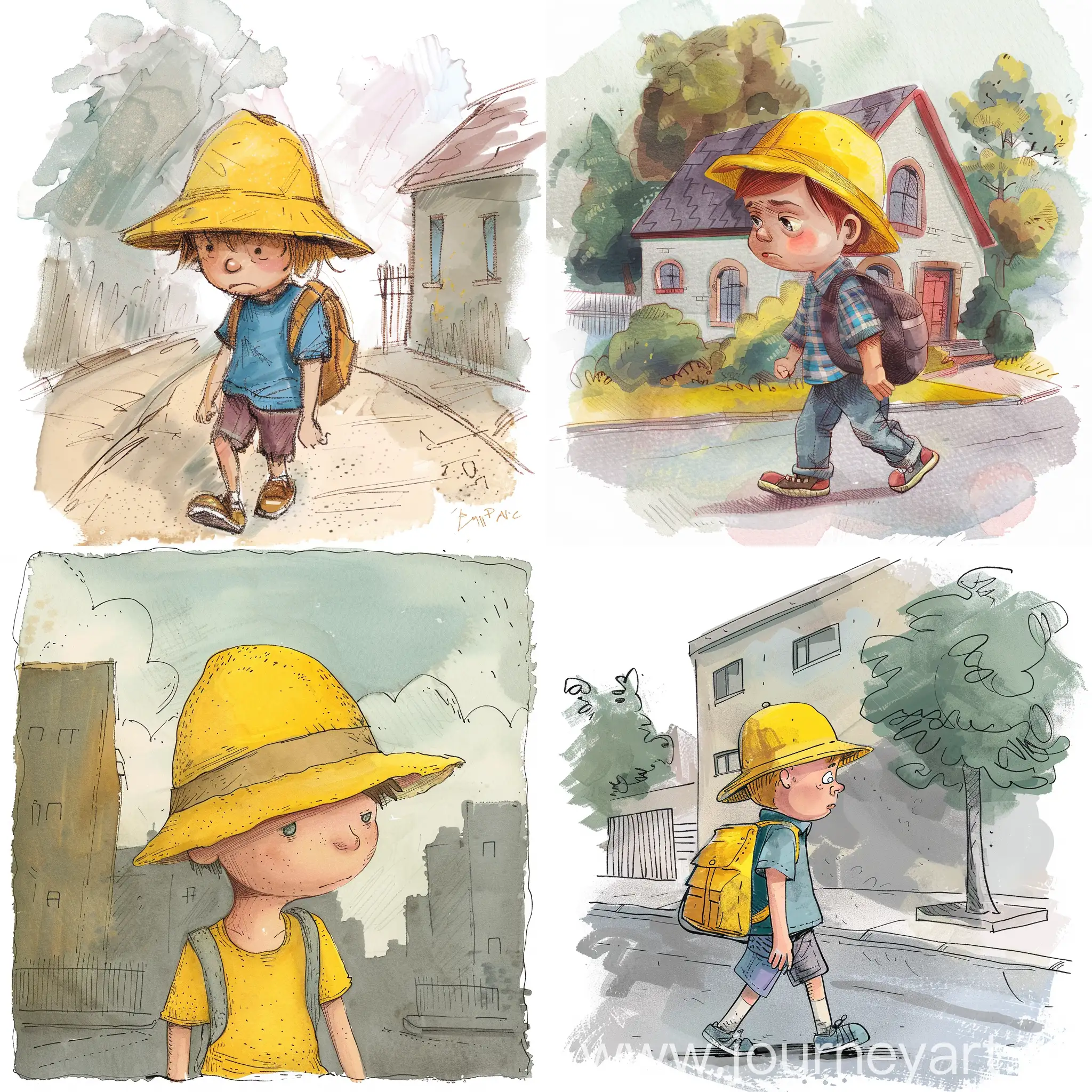 Disheartened-Schoolboy-in-Yellow-Hat-Walking-Home