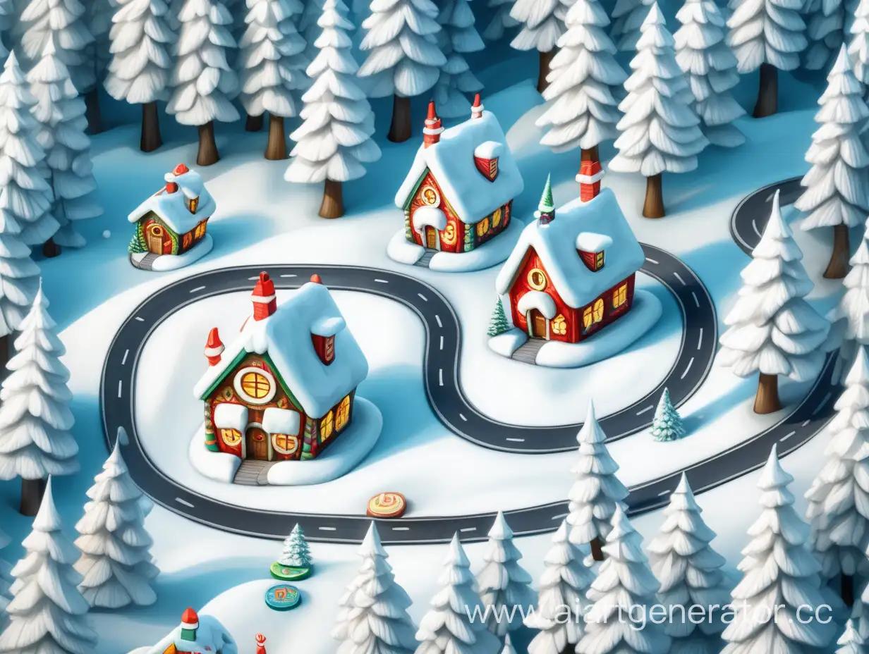 sunny day. winter forest. beautiful Santa's house. the long curvy road. owls in the forest. top view. boardgame