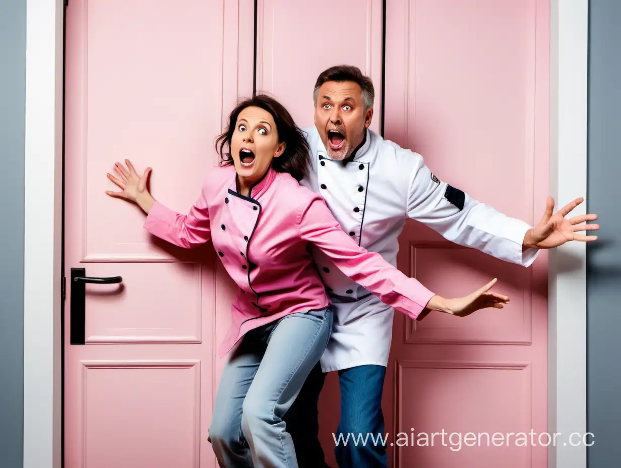 испуганный взволнованный мужчина брюнет средних лет в белом костюме шеф-повара и взволнованная женщина в джинсах и розовой майке стоят рядом друг с другом и закрывают вместе одну закрытую дверь 