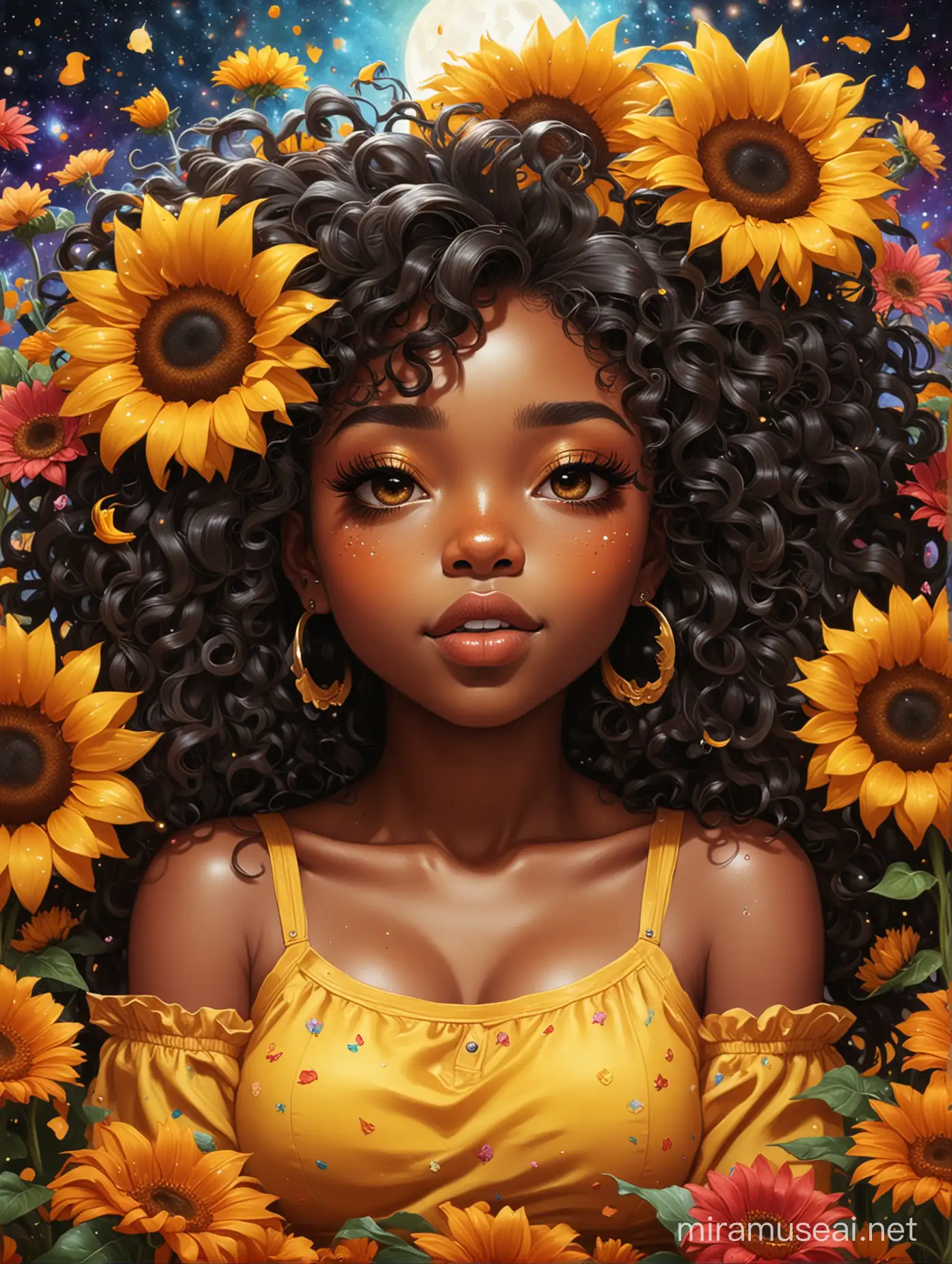 A sassy thick-lined expressive oil painting art cartoon black chibi girl lounging lazily on her side, surrounded by colorful flower petals. She is in the middle of the astrological Leo symbol with Prominent makeup. Highly detailed tightly curly black afro. Background of large yellow sunflowers surrounding her . Looking up coyly, she grins widely, showing sharp lion teeth. Her poofy hair forms a mane framing her confident, regal expression.