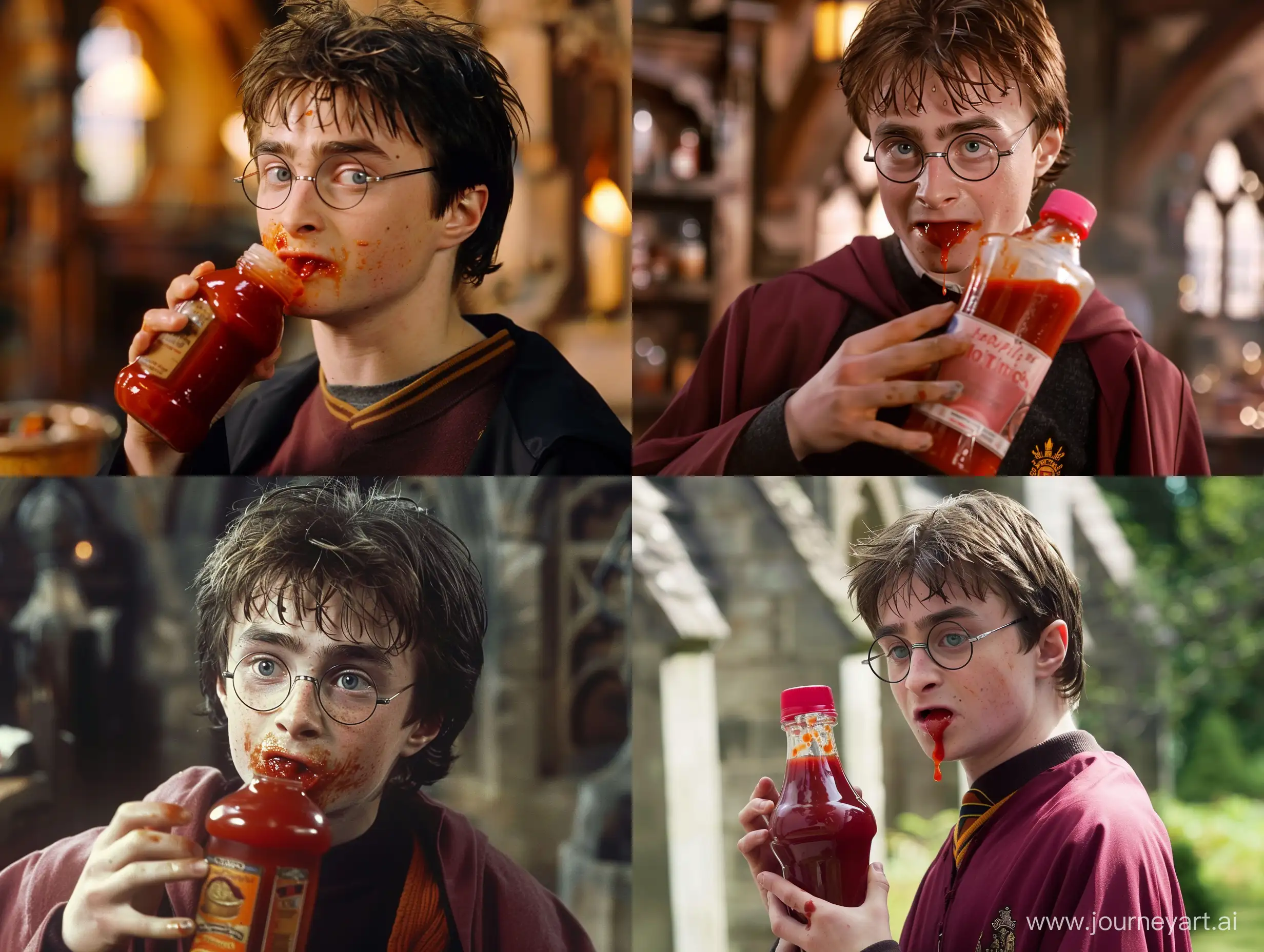 Harry Potter eating ketchup from the bottle