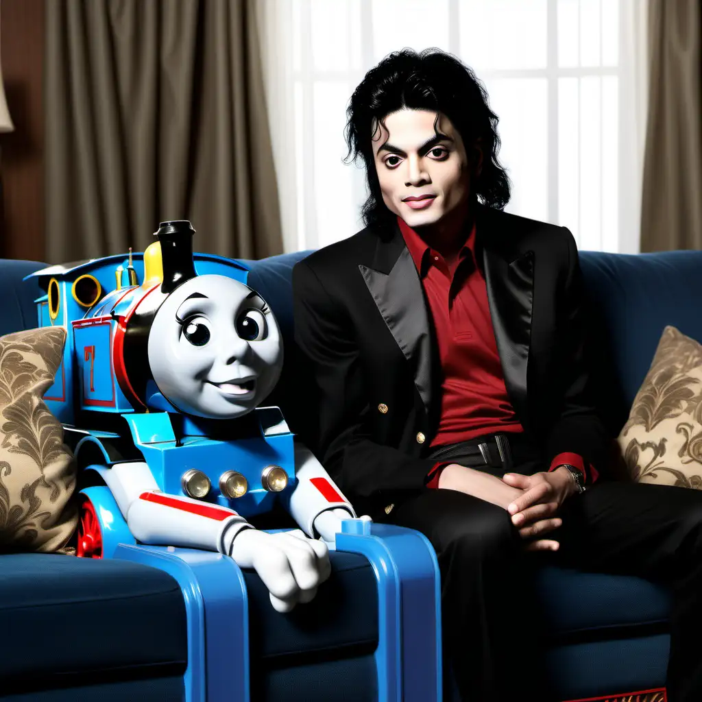 Combine Michael Jackson with Thomas the Tank Engine in human form, sitting on a couch, combination, dark,  staring off, young, 