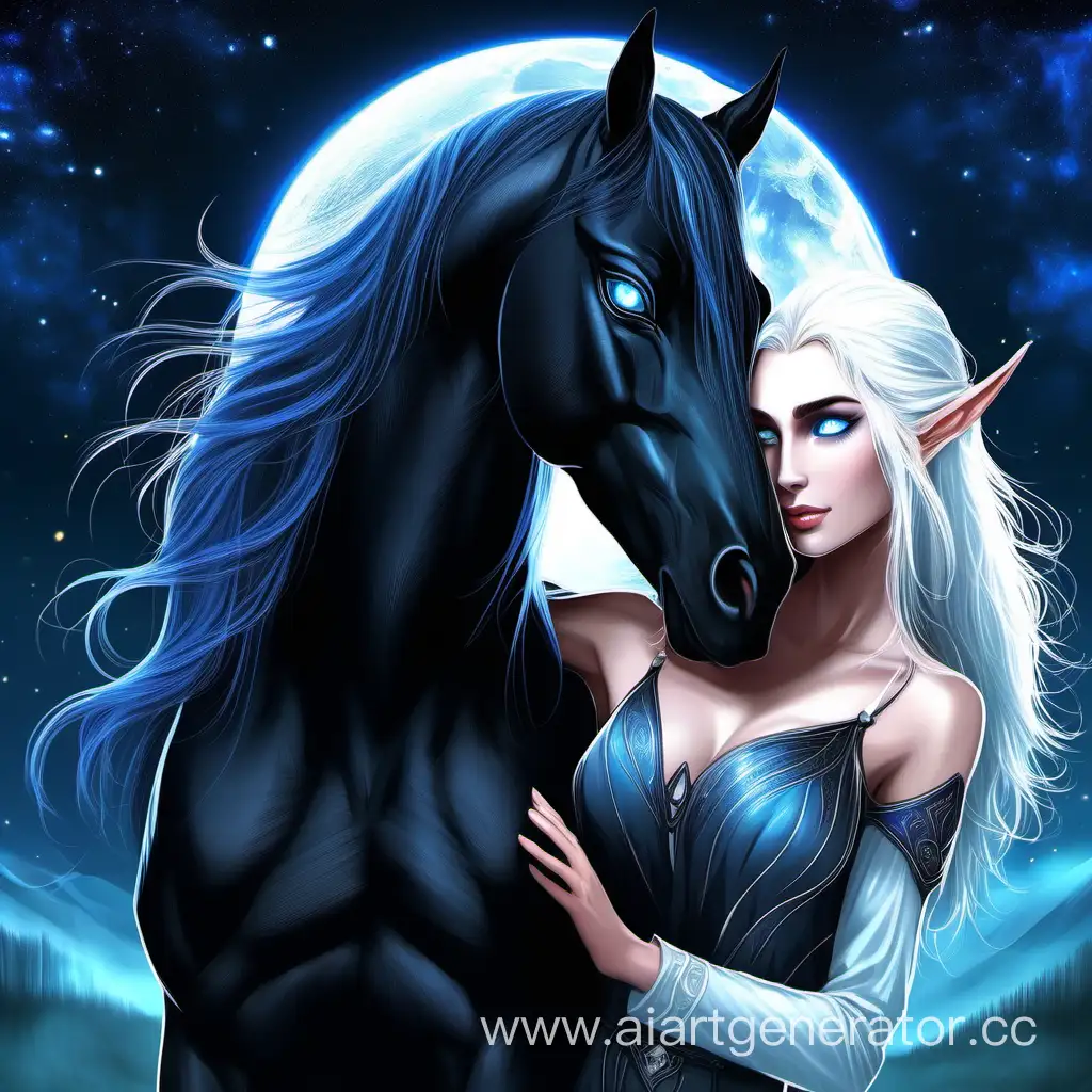 Черный жеребец с голубыми глазами и чёрной гривой стоит в объятиях  девушки эльфа с белыми волосами на фоне ночи, , фентези, реалистично
