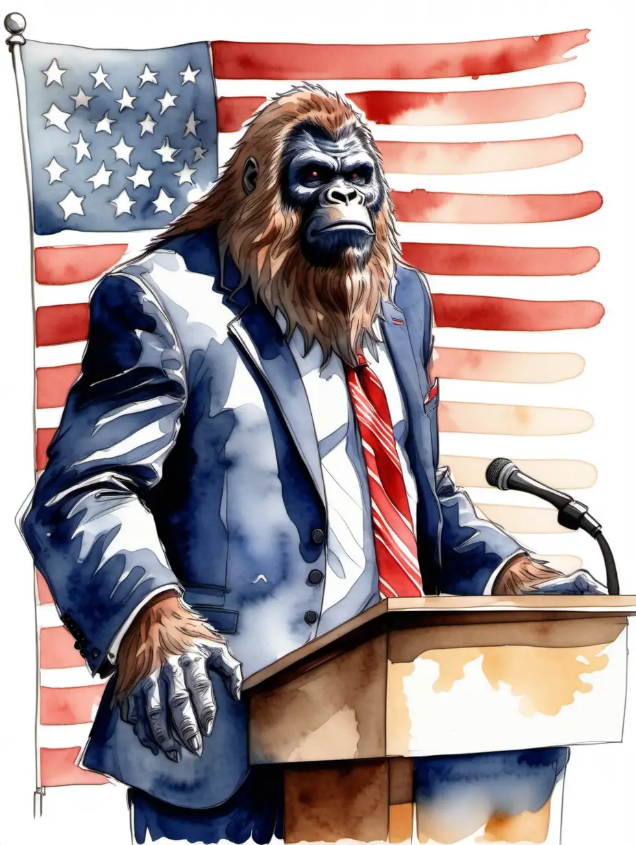 Generate a dynamic watercolor 
sketch 
Generate a watercolor sketch of a sophisticated Sasquatch AKA Bigfoot in a presidential suit and solid red tie standing behind podium, American flag for American flag do not crop image