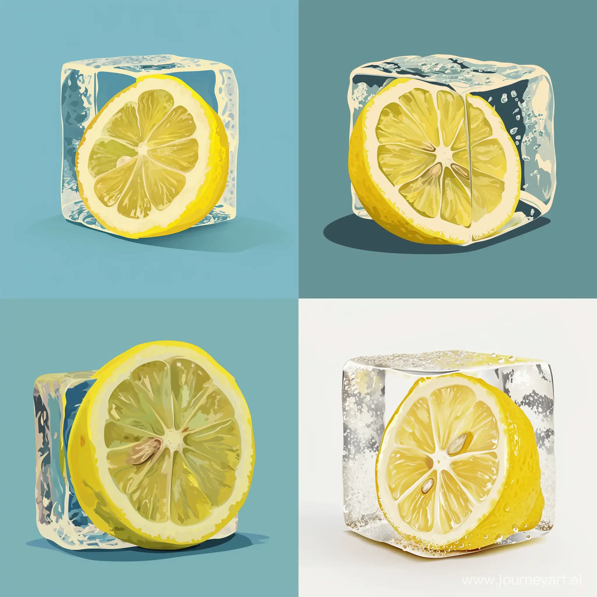 half yellow lemon encased in a larger, thicker block of ice., in minimalistic vector style