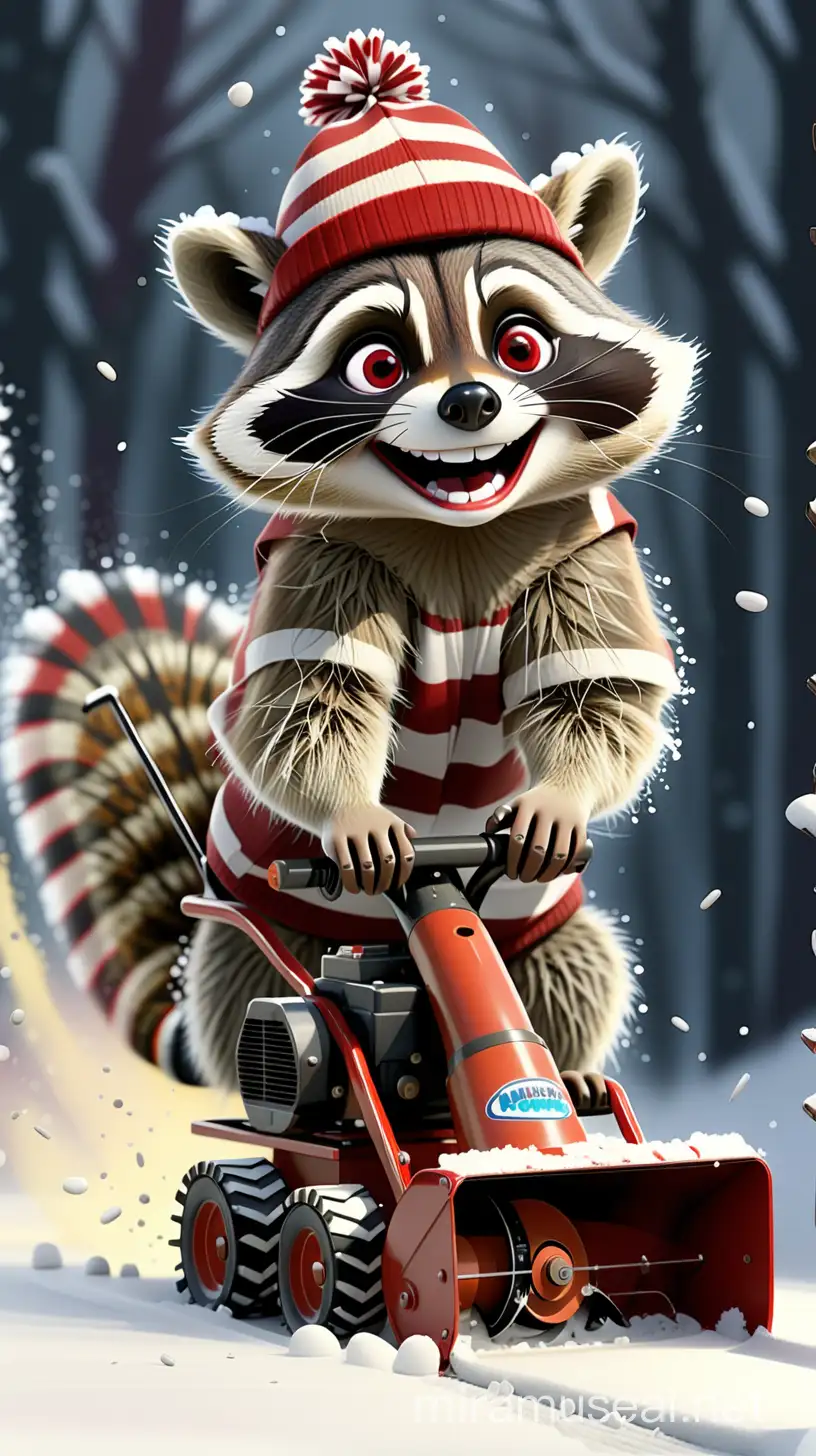 A delightful and humorous illustration of a raccoon wearing a red and white striped hat, using a miniature snow blower to clear a path through the snow. The raccoon's eyes are wide with excitement, and it has a cheeky smile on its face. The snow blower is emitting a colorful stream of snow, and there are snowflakes falling around the scene.

