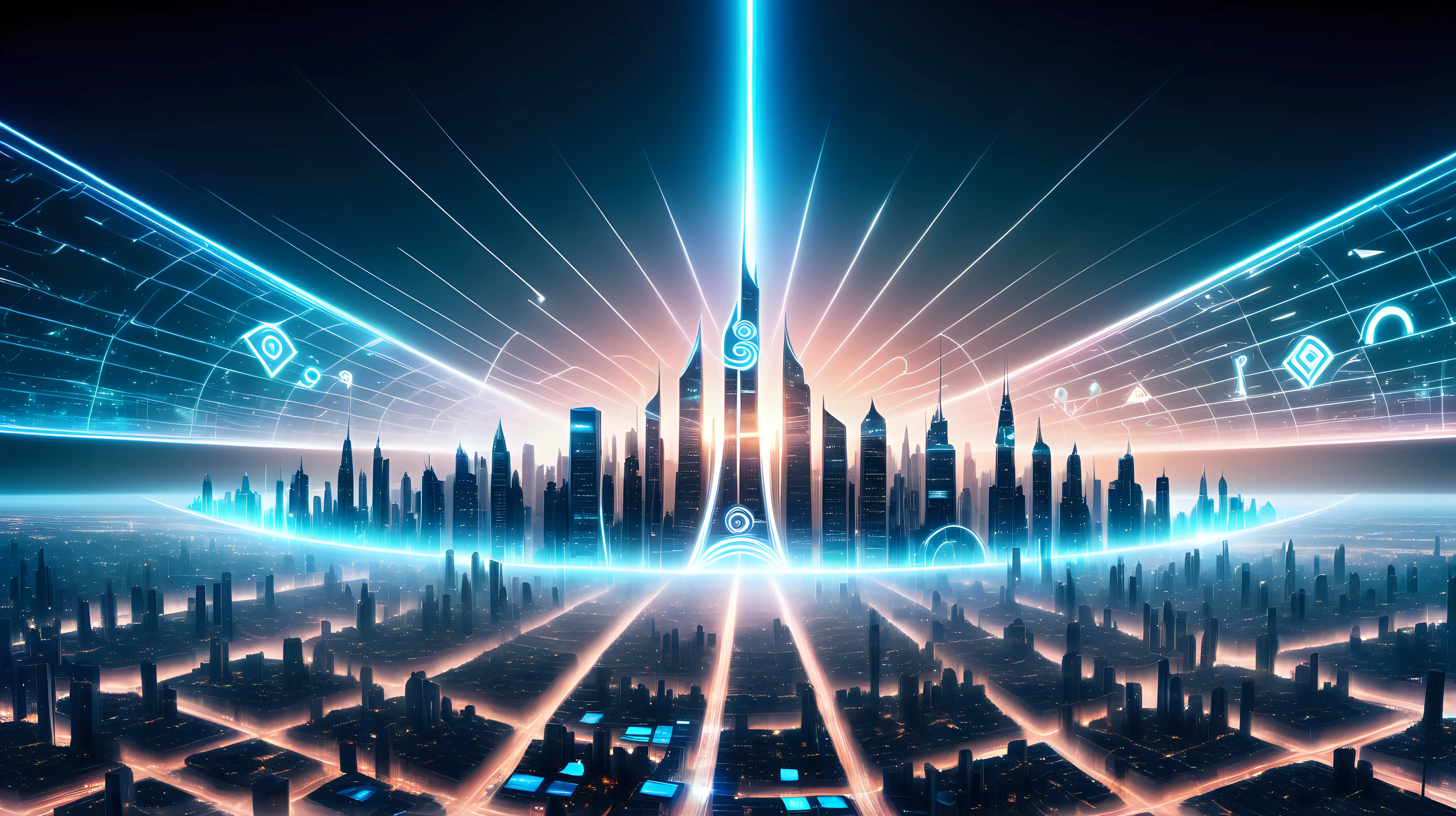 An awe-inspiring image of a sleek, futuristic cityscape with holographic A.I logos hovering in the skyline.