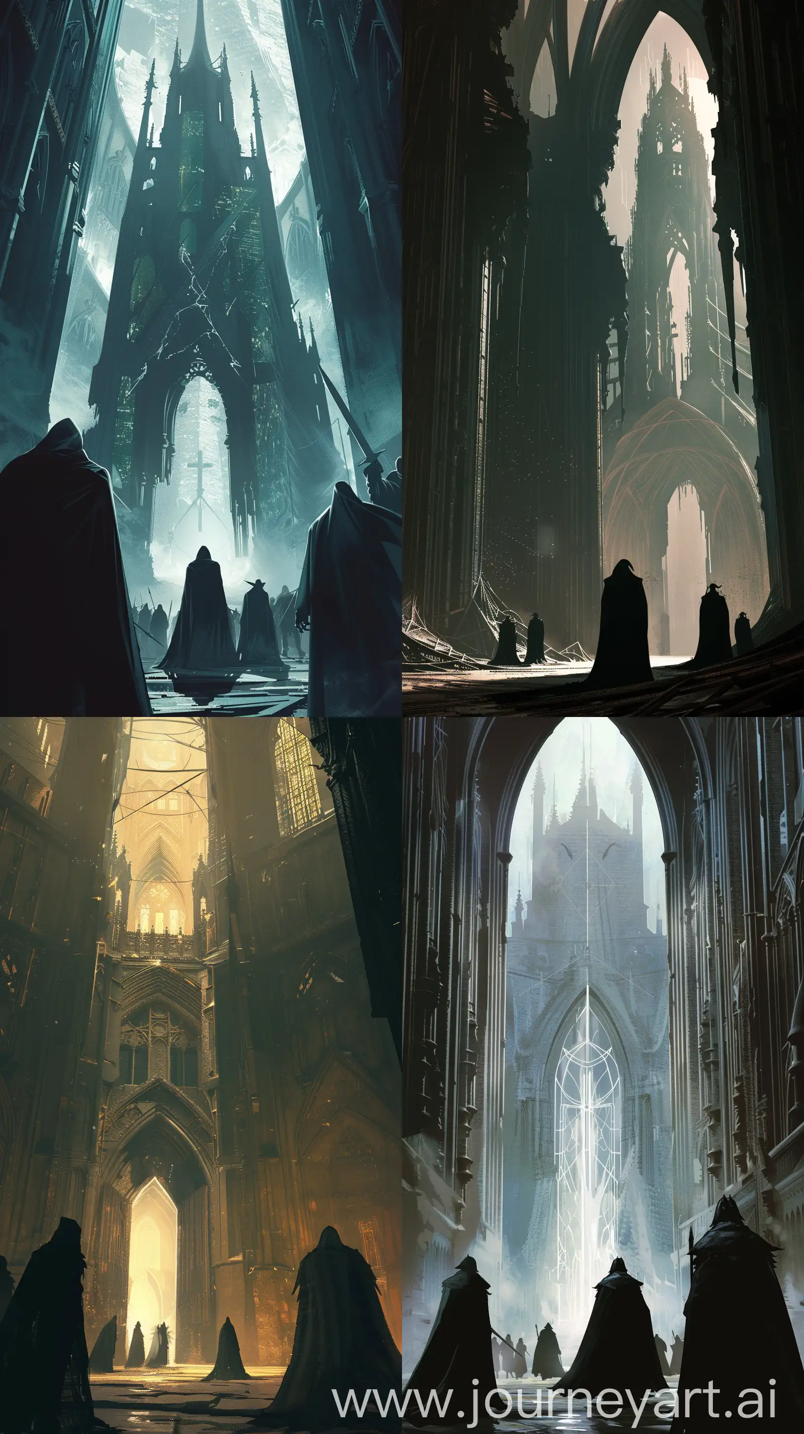 Craft a scene in the style of Mike Mignola, where a gothic cathedral becomes the site of an interdimensional portal opening. The dramatic play of light and shadow highlights the silhouettes of cloaked figures and the strange, angular geometries of the portal." Phone wallpaper 8k uhd Maximalist Details, --ar 9:16