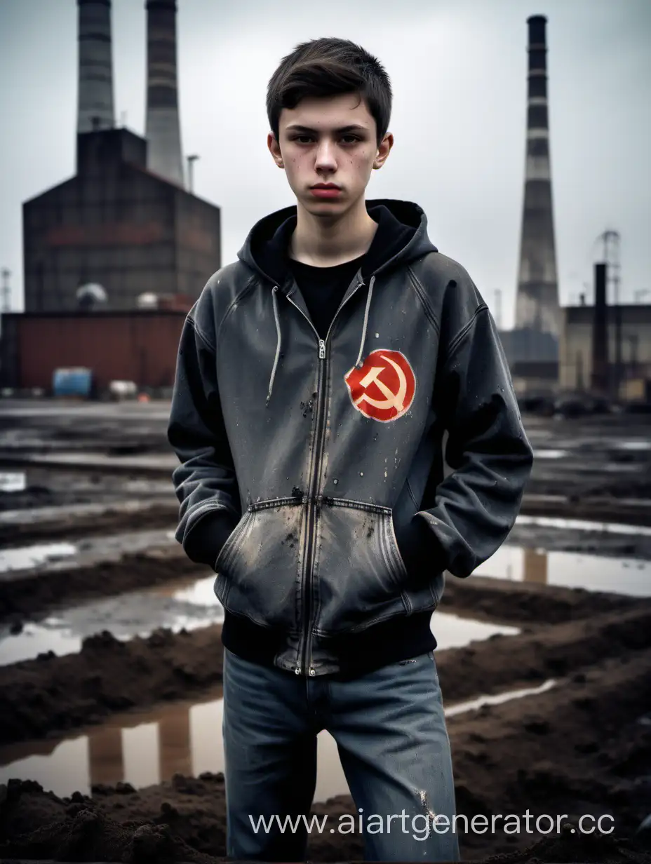 Serious-Teenager-in-USSR-Hoodie-Against-Rusty-Garage-Background