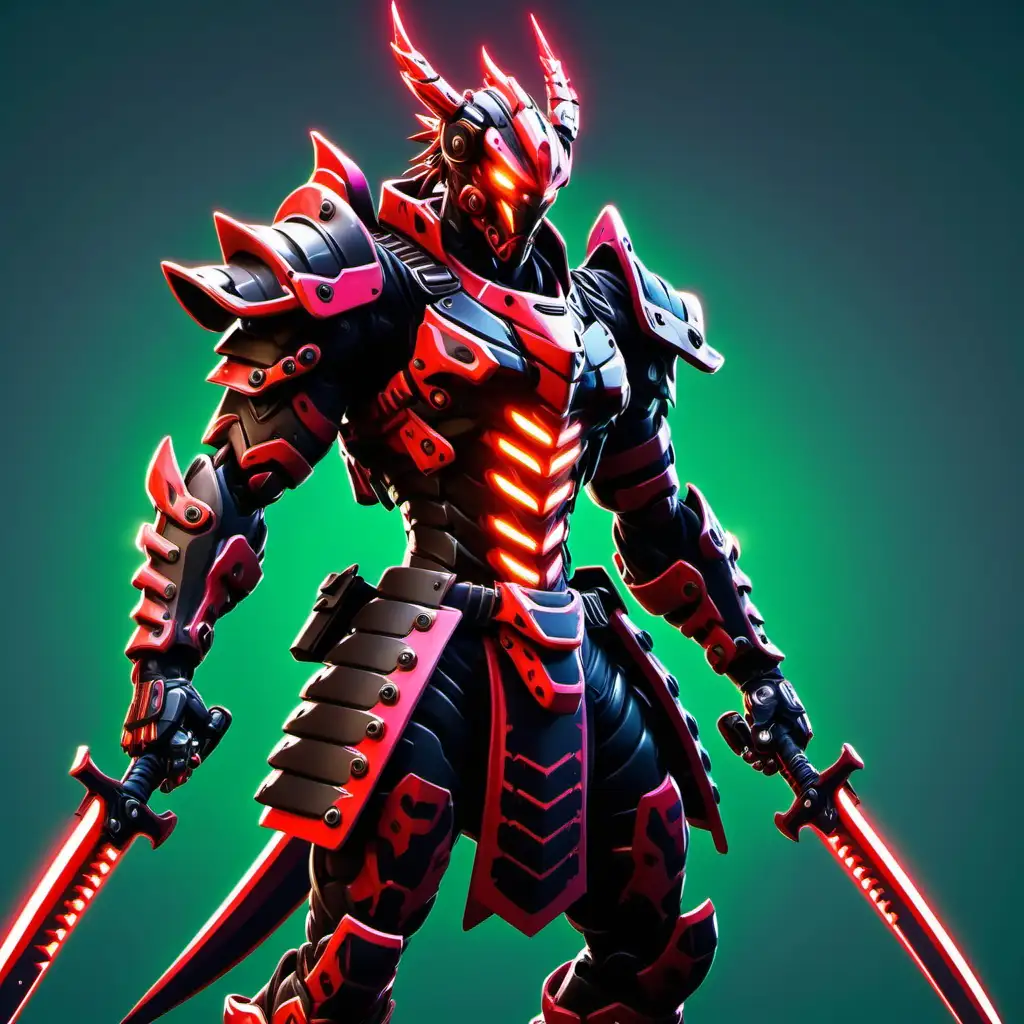 dragon themed samurai scifi cyberpunk mecha red and black armor with highlighted green glowing lights with 2 giant vibroblade katanas on hisback fortnite style skin
