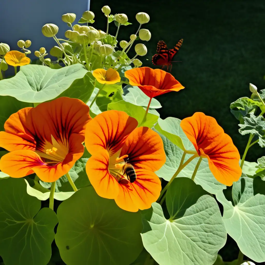 Colorful Nasturtiums with Butterflies and Bees in a Vibrant Garden Scene