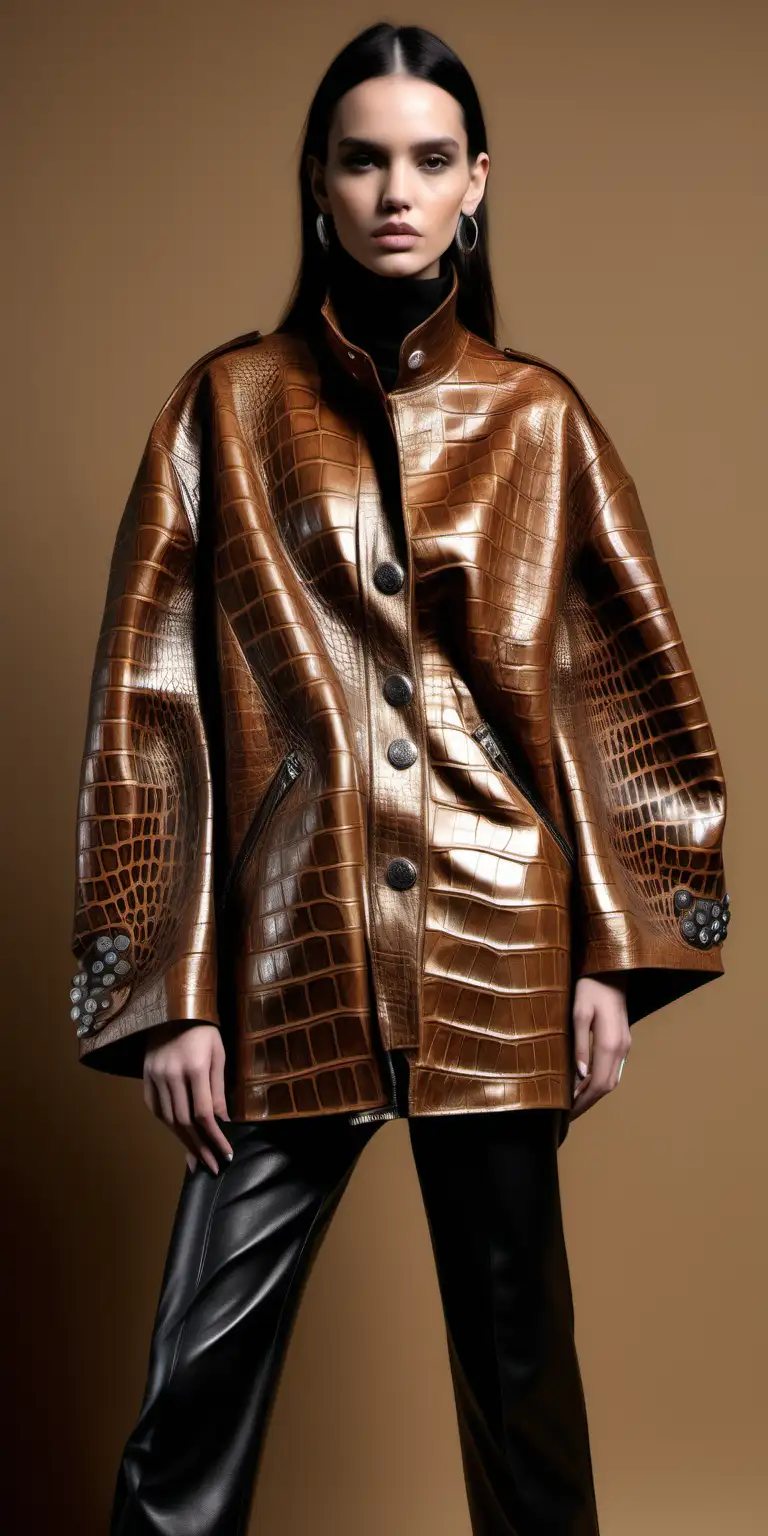AvantGarde CamelColored Crocodile Leather Jacket with Metallic Accents