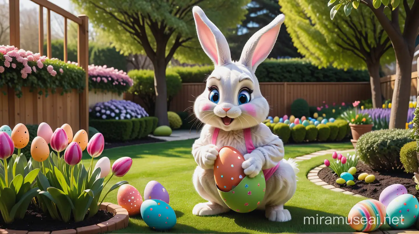 the easter bunny hiding easter eggs in a garden.