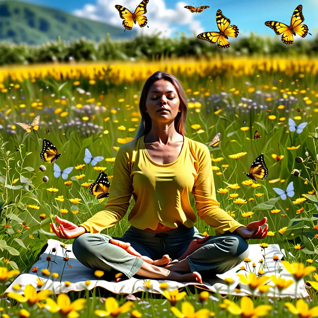 Tranquil Meditation in a Meadow with Yellow Flowers and Butterflies