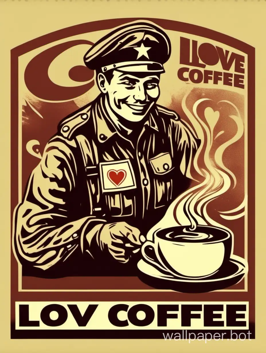 Soviet soldier drinking coffee,  smile, Create a vibrant and whimsical T-shirt graphic illustration that embodies the charm of the phrase 'love coffee, but have you blend?' funny stencil fluid style