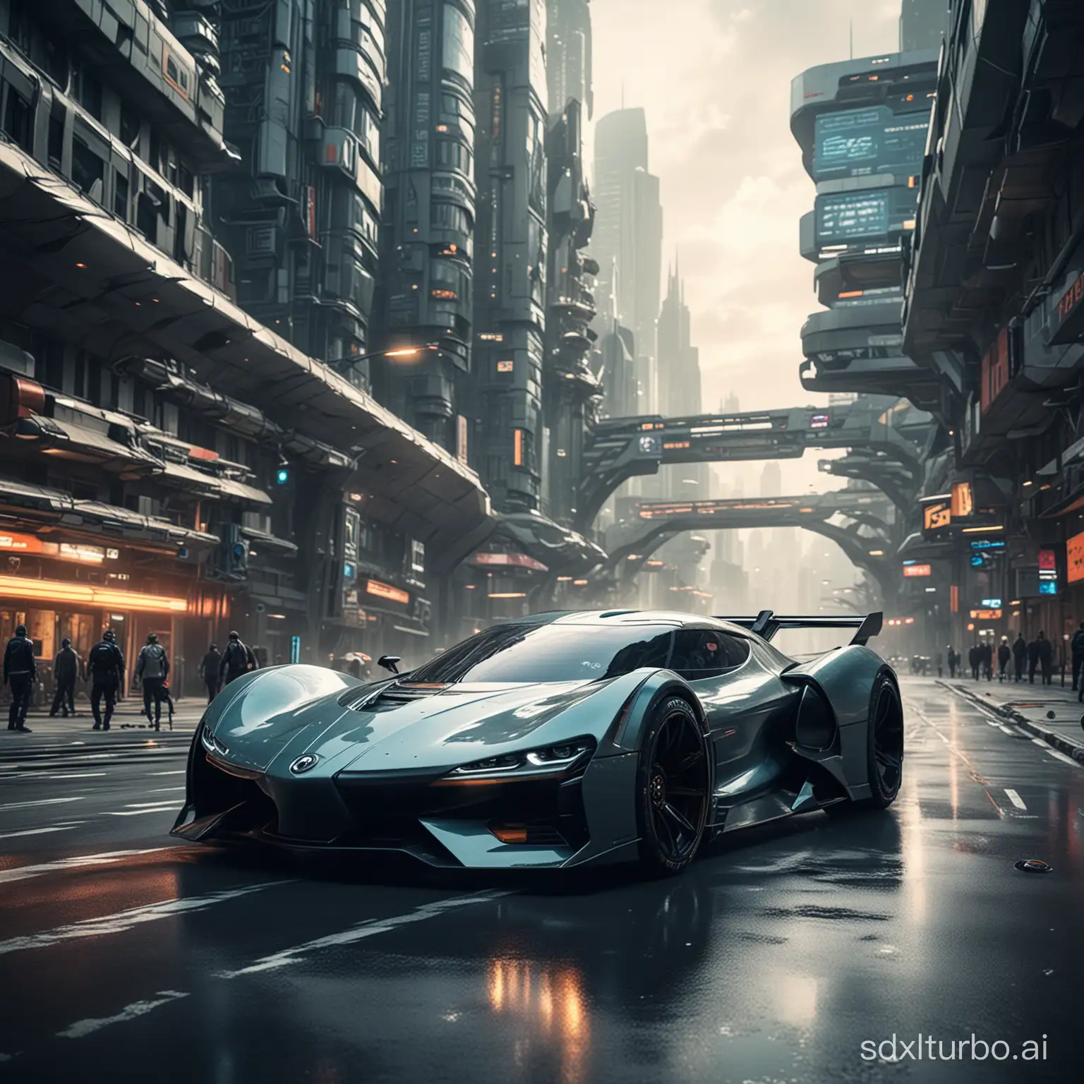 cinematic style, photo of a futuristic car racer on a futuristic city