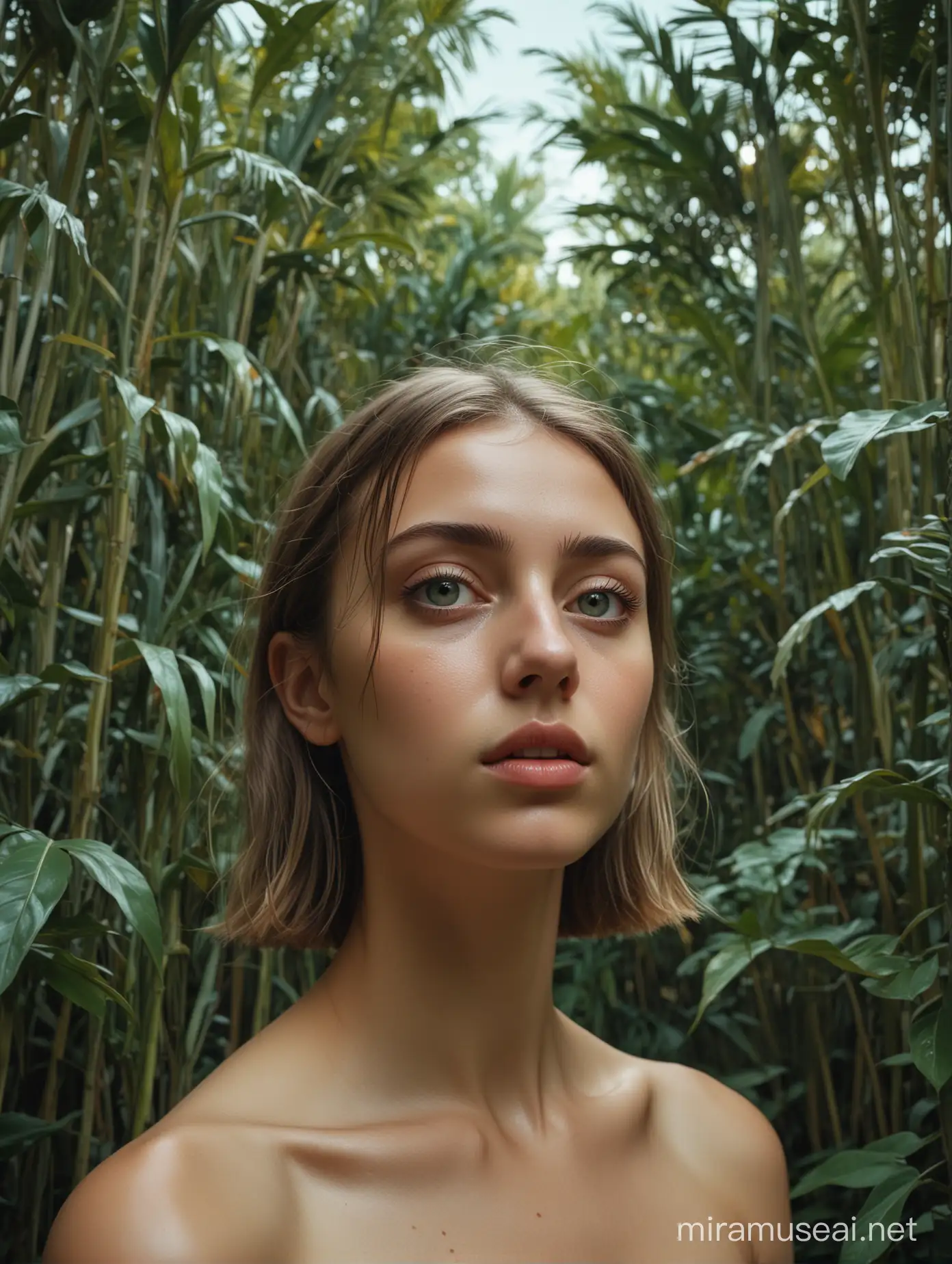 50mm, glossy skin, vegetation glows neon, Giorgio dechirico, art piece, wide angle, depth of field, out-of-focus elements in foreground, pale melancholic girl, long neck, big eyes, high definition, rich details, blurred edges, dreamy atmosphere, shimmering in the air, unfinished painting