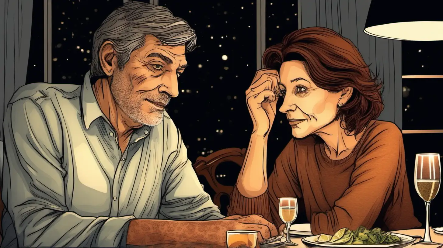 illustrate a Face of a couple, 55 years old, both with brown hair, face closeup,  nighther,  They are sitting at the dinner table,  at home