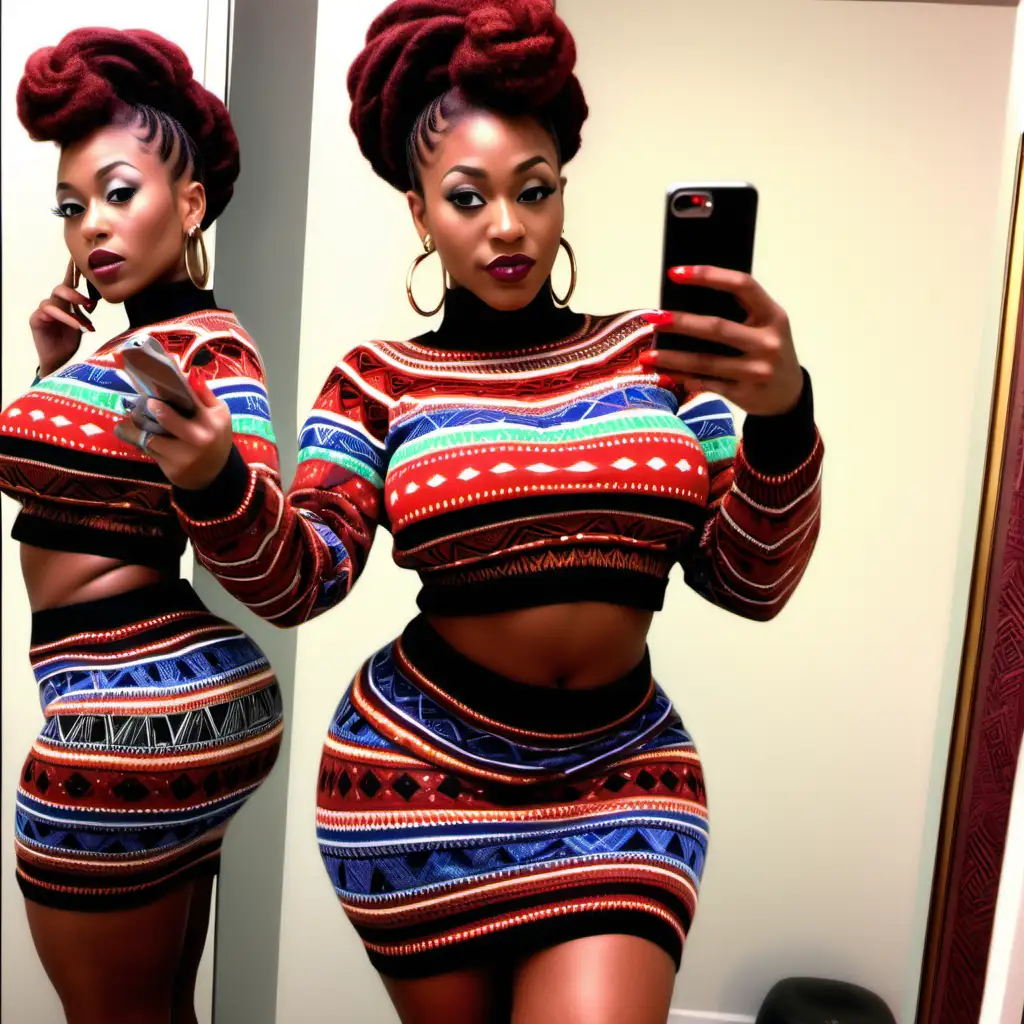 Realistic V6 beautful brown skinned african american woman with large breast and slick red updo hairstyle long curvy blinged out nails in coogi sweater crop top and matching coogi sweater short skirt holding her phone taking a selfie in mirror shes slim but curvy with stretch marks on her stomach hair over her eye