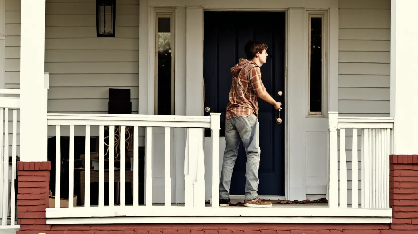 Young Man Standing on Porch Ready to Greet as Door Opens