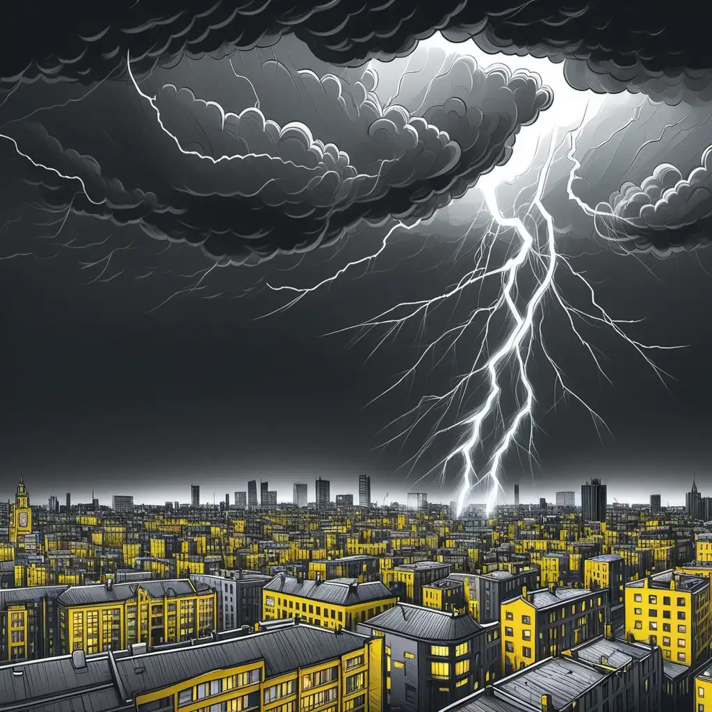 cartoon image of thunderstorm over the city of manchester, grey scale with yellow colour