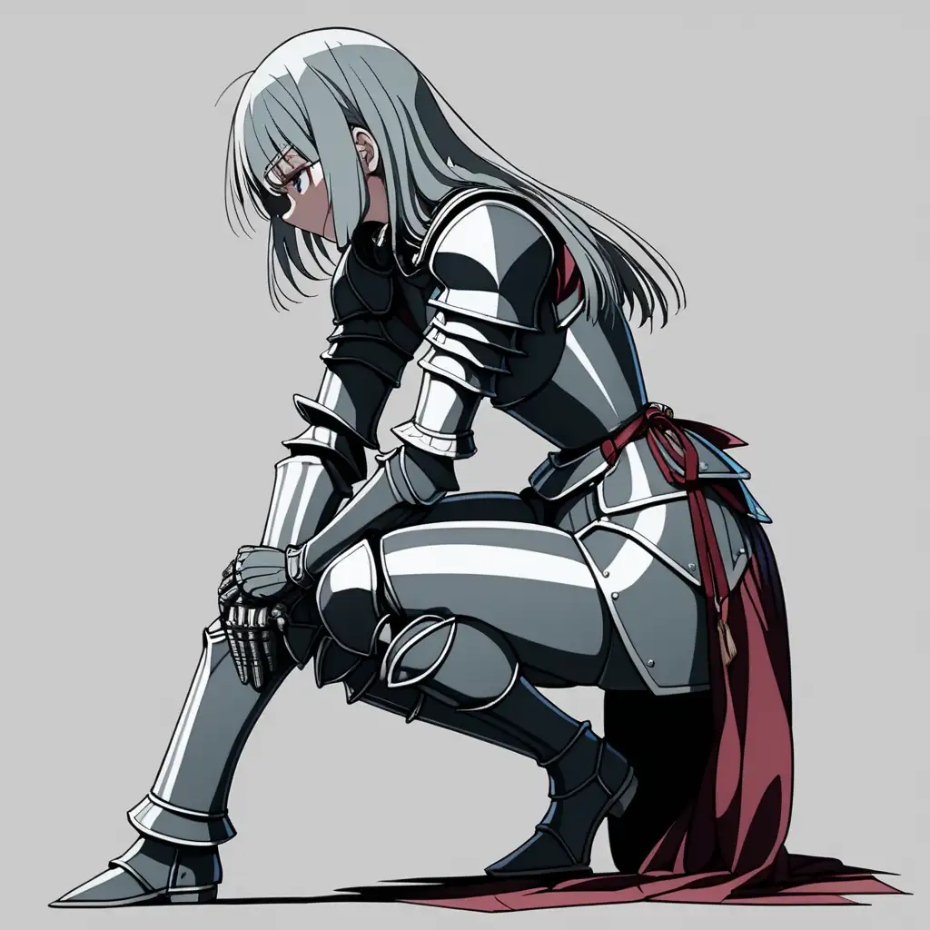 anime knight woman, tall, pained expression, kneeling, heavily hurt