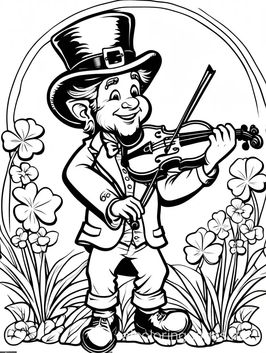 Leprechaun playing a fiddle for St. Patrick's Day for kids, Coloring Page, black and white, line art, white background, Simplicity, Ample White Space. The background of the coloring page is plain white to make it easy for young children to color within the lines. The outlines of all the subjects are easy to distinguish, making it simple for kids to color without too much difficulty