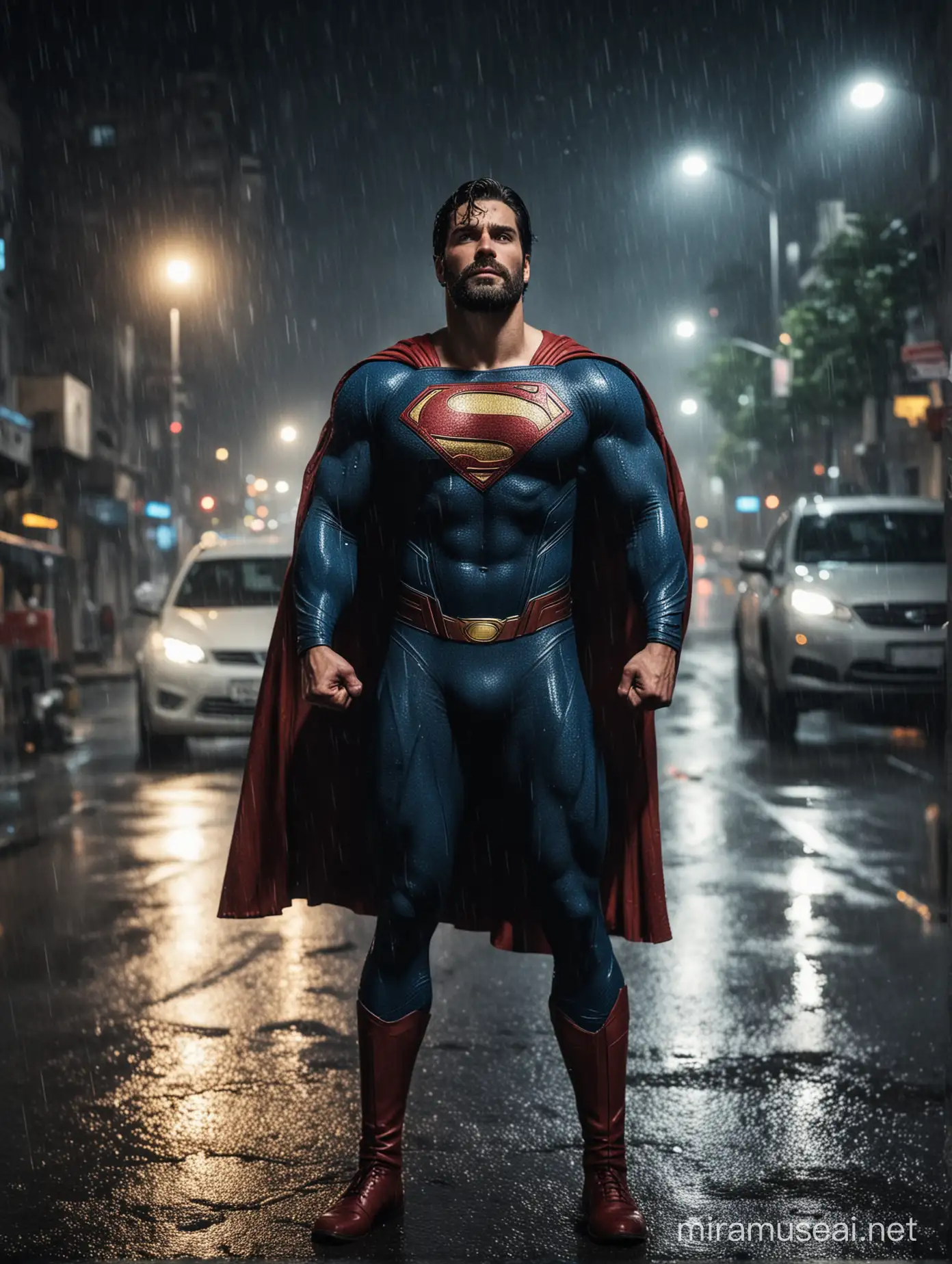 Muscular Superman with beard standing in street at night with rain carrying car on his arms 