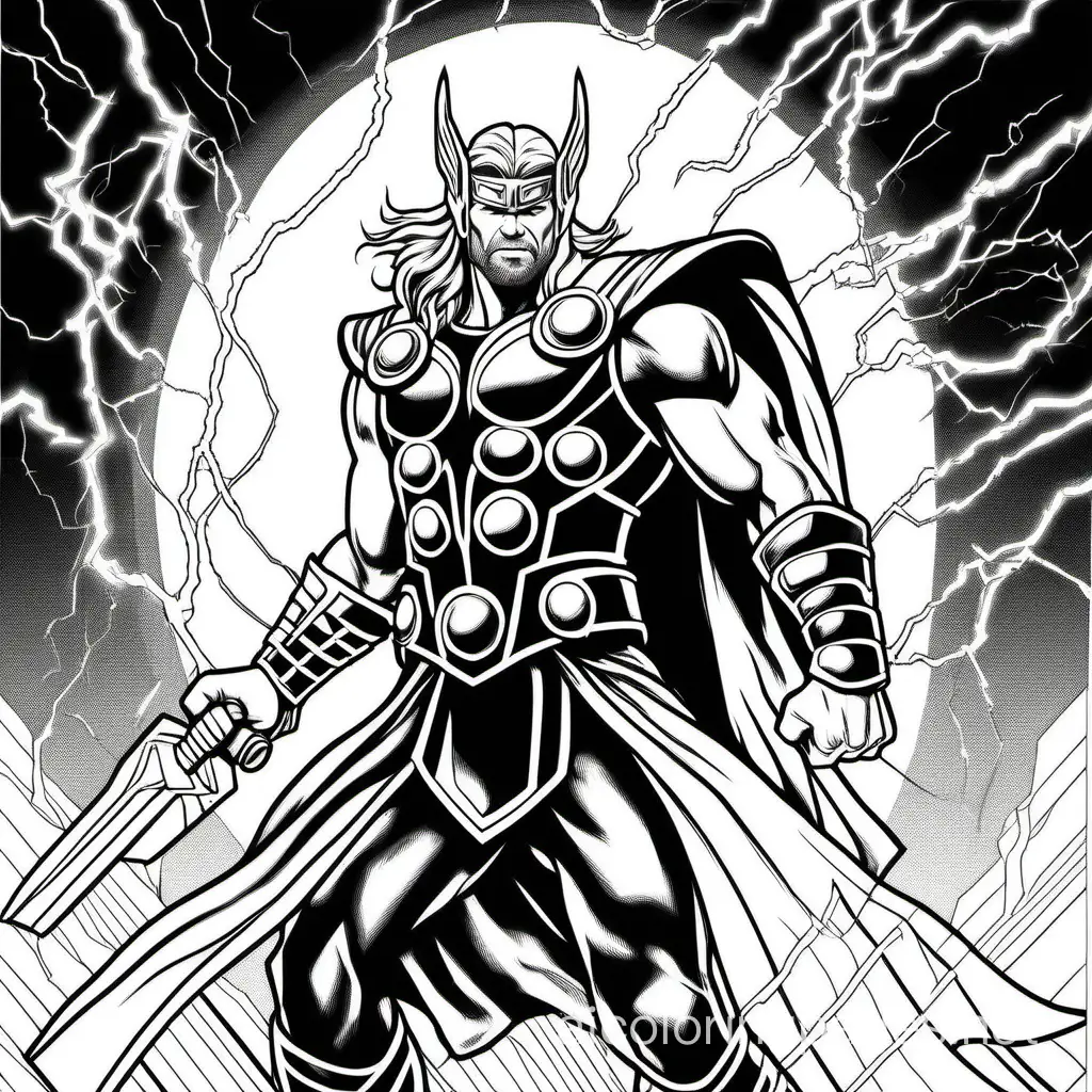 thor with lightning background, Coloring Page, black and white, line art, white background, Simplicity, Ample White Space. The background of the coloring page is plain white to make it easy for young children to color within the lines. The outlines of all the subjects are easy to distinguish, making it simple for kids to color without too much difficulty