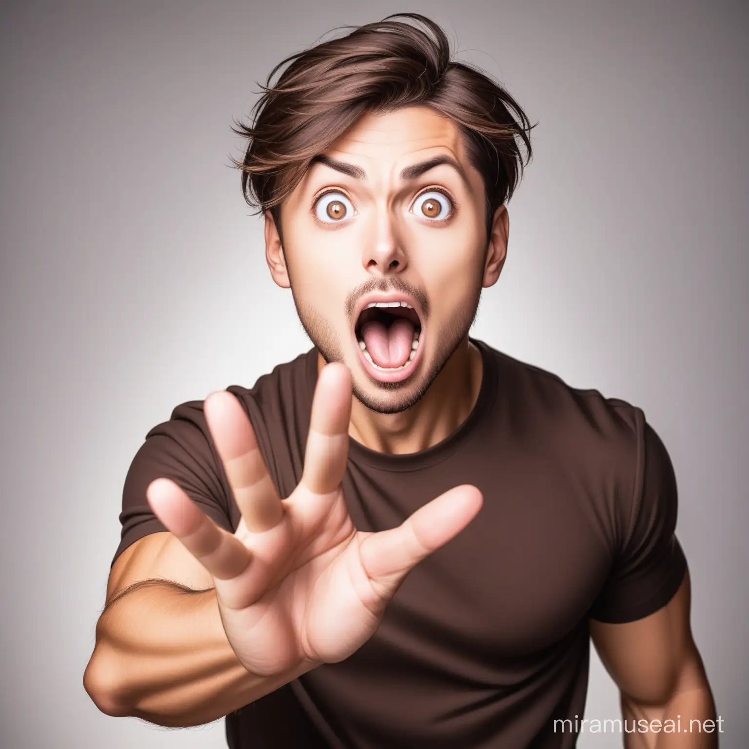 generate masculine man with brown eye and brown hair who is standing. make mouth open like he is surprised something,His one left hand is outstretched as if he is holding something and stand front of the camera