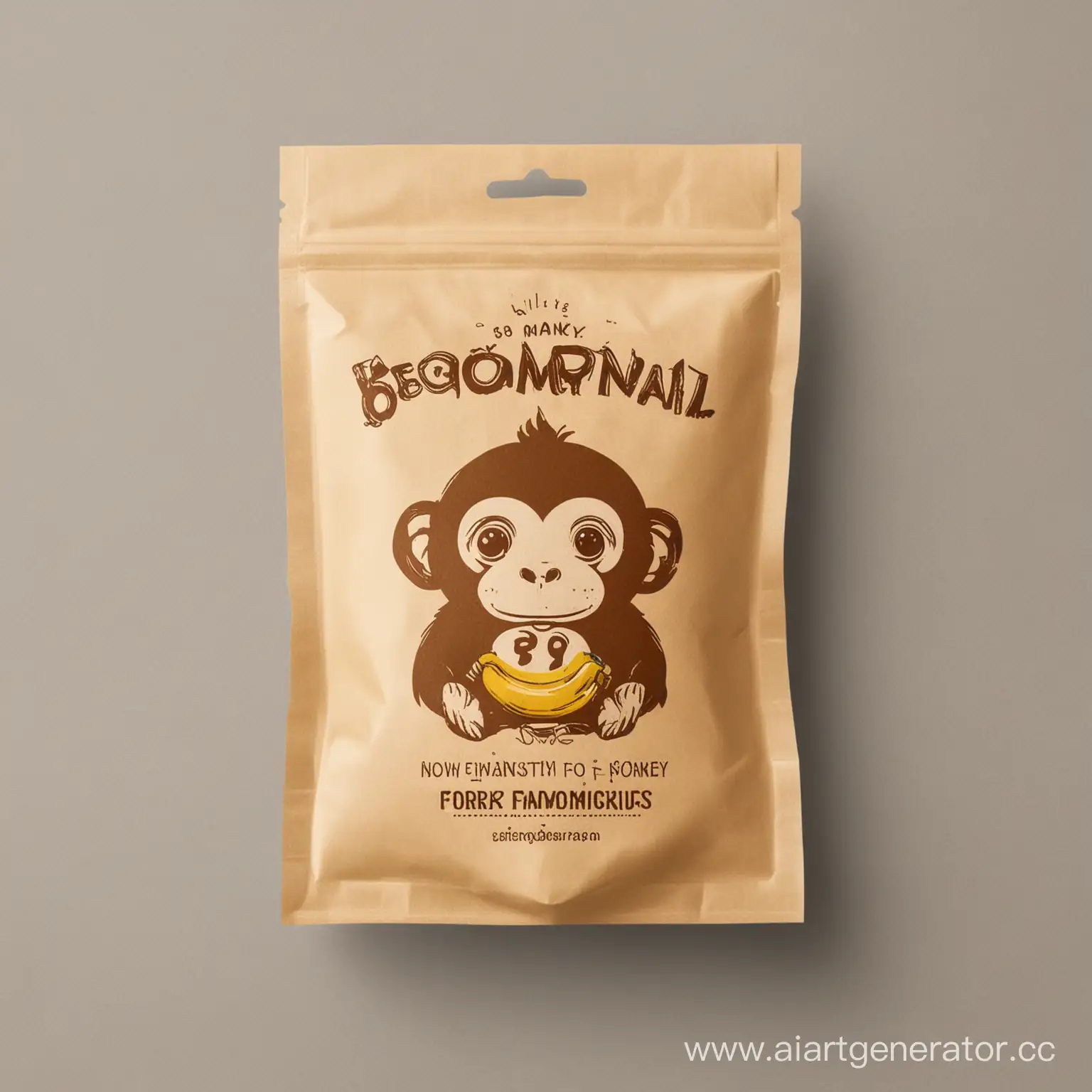 крафтовая упаковка для корма 500 грамм для маленьких обезьян с логотипом на котором будет маленькая обезьянка с бананом и название BIGMONKEY