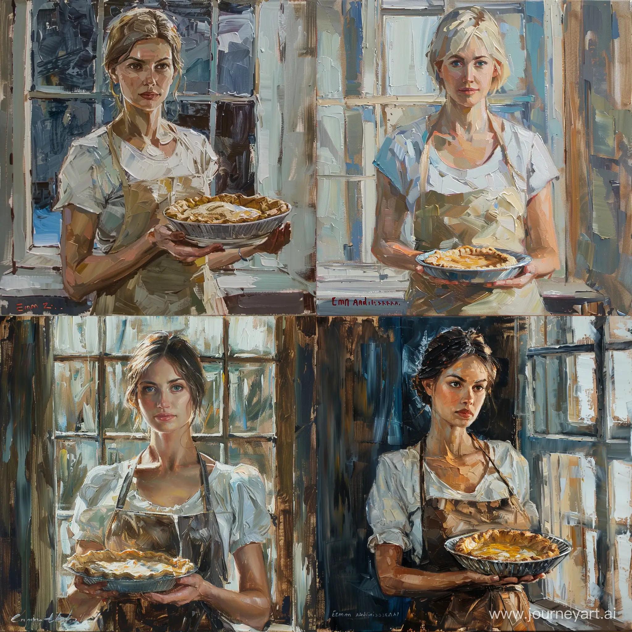 Rustic-Oil-Painting-Portrait-of-a-White-Woman-Holding-Pie-by-Emma-Andievskaya