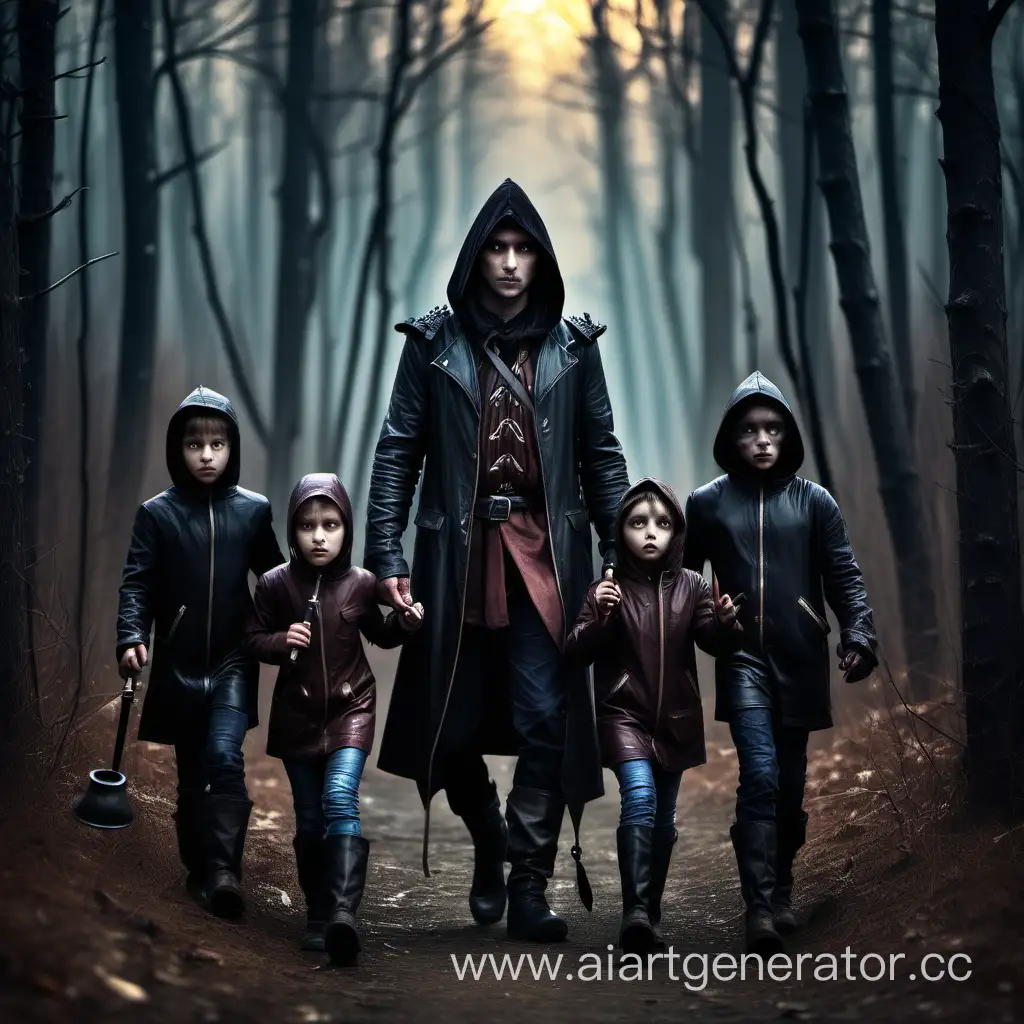 Dark-Fantasy-Scene-Leader-in-Leather-Hood-Guides-Children-Through-Dusky-Forest