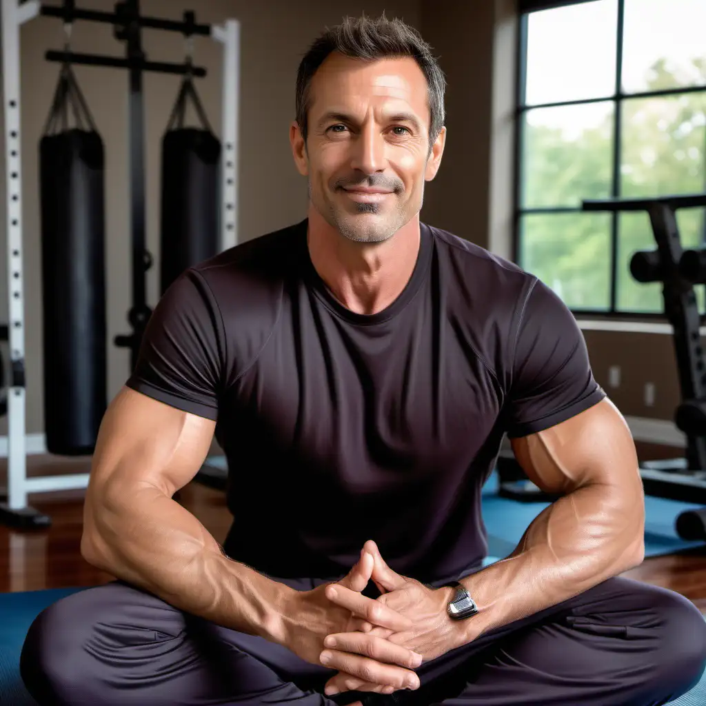 Athletic Middleaged Man Relaxing on Yoga Mat in Luxury Home Gym