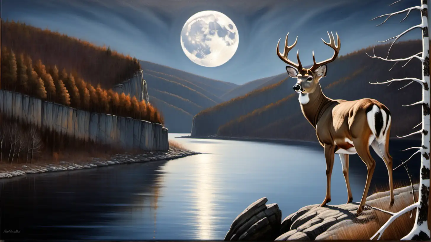 Whitetail Buck Silhouetted Against Full Moon on Cliff