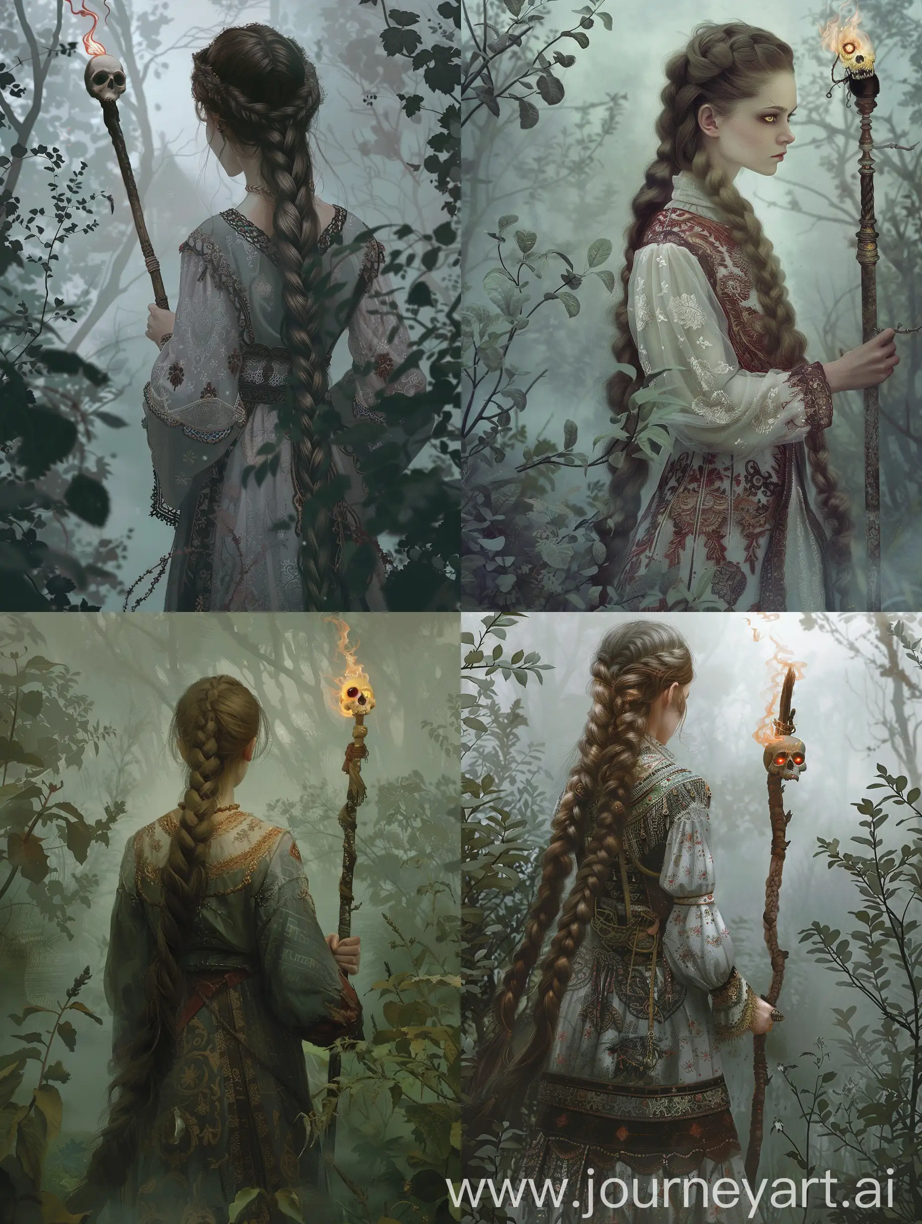 Ethereal-Maiden-in-Russian-Sarafan-Wandering-Misty-Forest-with-SkullTopped-Stick