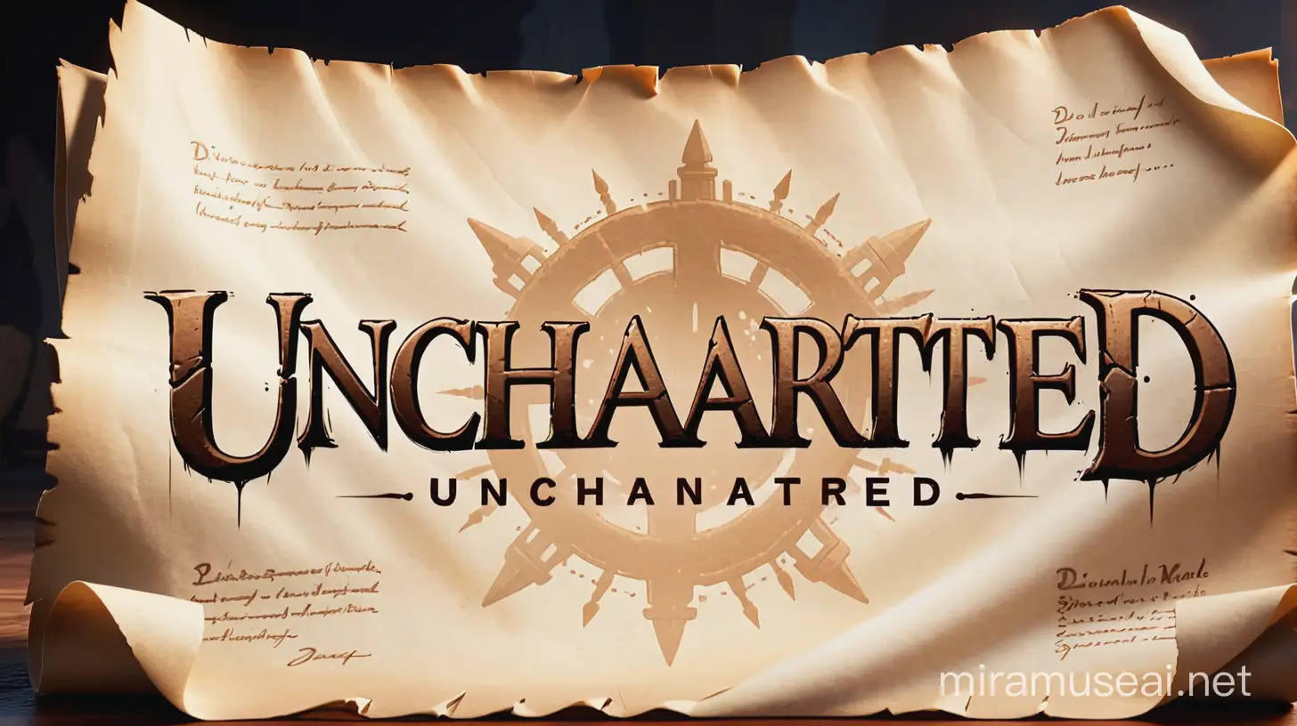Game branding logo, name on logo: "UnCharted", letters made of parchment with worn edging.