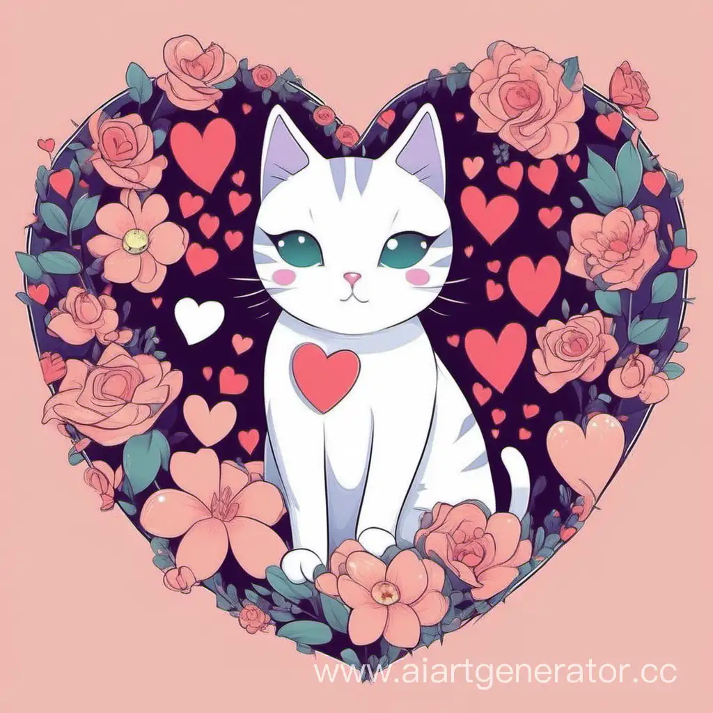 кот с цветами и сердечками