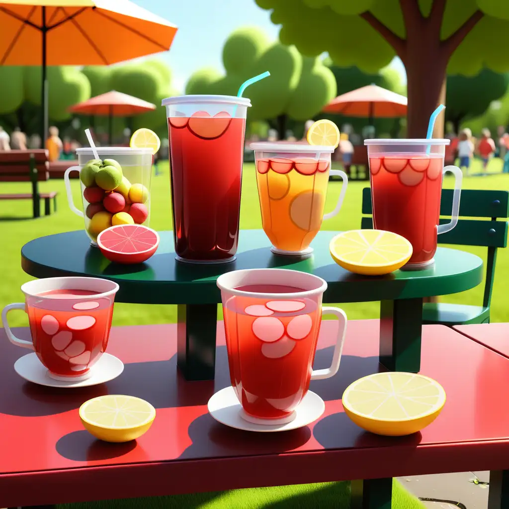 cartoon-style table full of tea, fruit punch, lemonade in the park