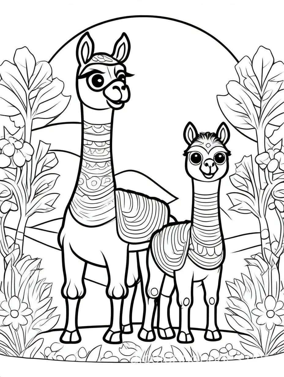 cute lama  with his baby for kids easy, Coloring Page, black and white, line art, white background, Simplicity, Ample White Space. The background of the coloring page is plain white to make it easy for young children to color within the lines. The outlines of all the subjects are easy to distinguish, making it simple for kids to color without too much difficulty
