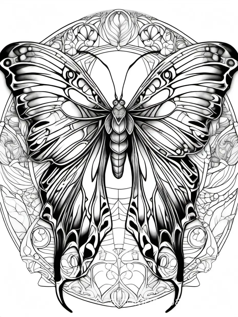 Atlas moth, fantasy, ethereal, beautiful, Art nouveau, in the style of Yossi Kotler,, Coloring Page, black and white, line art, white background, Simplicity, Ample White Space. The background of the coloring page is plain white to make it easy for young children to color within the lines. The outlines of all the subjects are easy to distinguish, making it simple for kids to color without too much difficulty