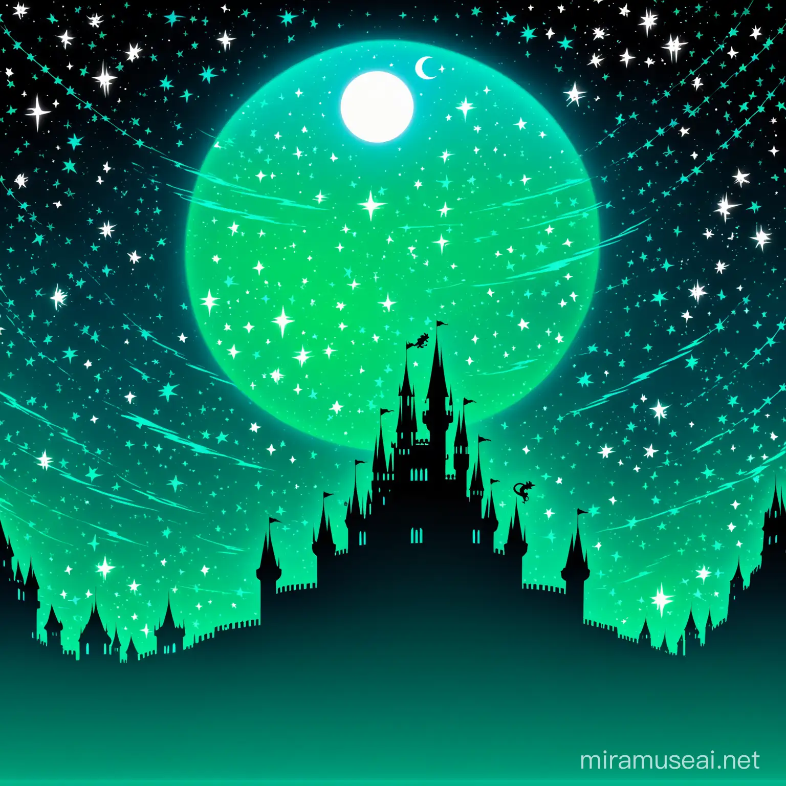 Sillouette of a lizard-castle
appreance-noir green-blue-silver/ full-image/castle glyph lines/ princess falling to her doom /epic
background-moon/night/neon stars/ lizard-mortifs/etc