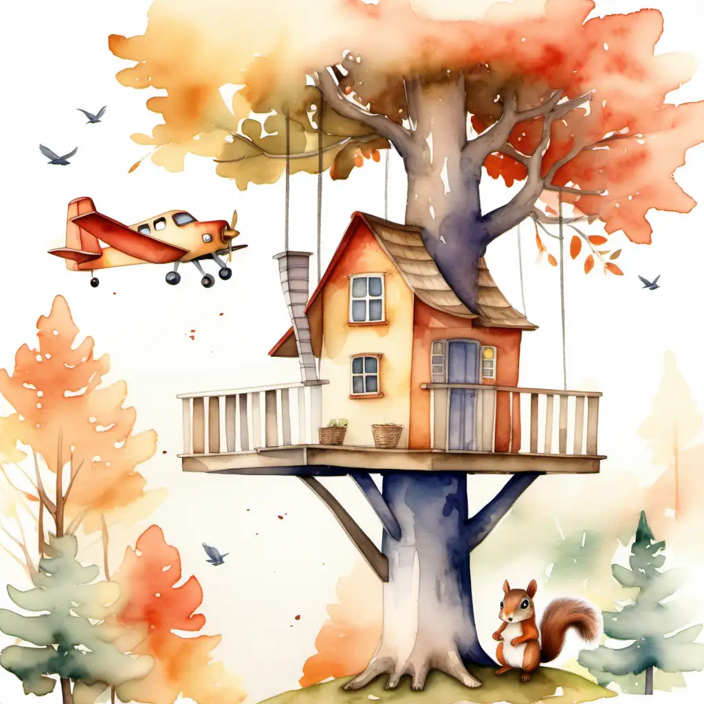 A little squirrel stares at a beautiful treehouse with a small airplane. Watercolour style, warm colours. Appealing to a three year old.