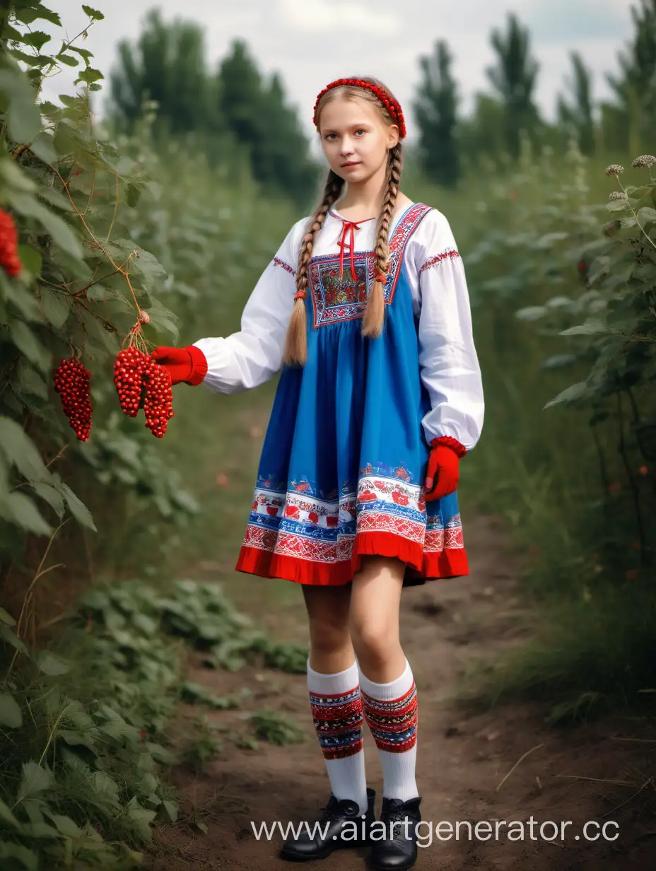 Девушка в спущенных носках и русском национальном мини-платье с длинными рукавами и косичками собирает ягоды, полный рост